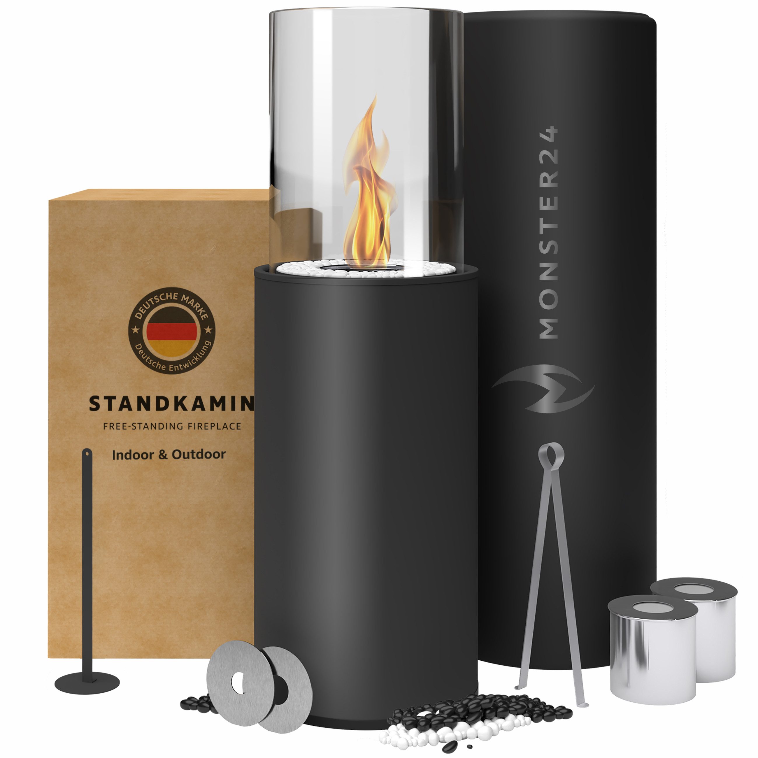 Monster24 Echtfeuer-Dekokamin Bio-Ethanol Standkamin für Indoor & Outdoor (80x26x26 cm)