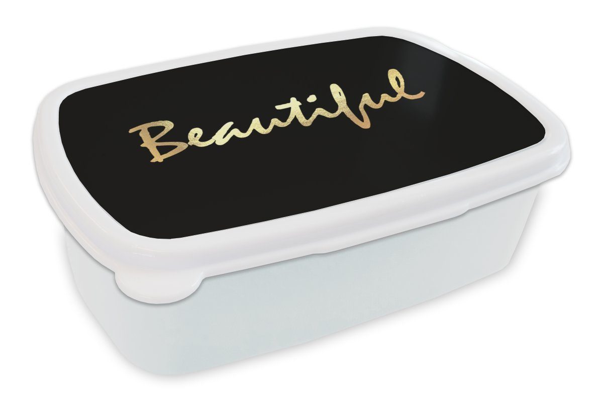 MuchoWow Lunchbox Zitat - Schönheit - Schwarz - Gold, Kunststoff, (2-tlg), Brotbox für Kinder und Erwachsene, Brotdose, für Jungs und Mädchen weiß