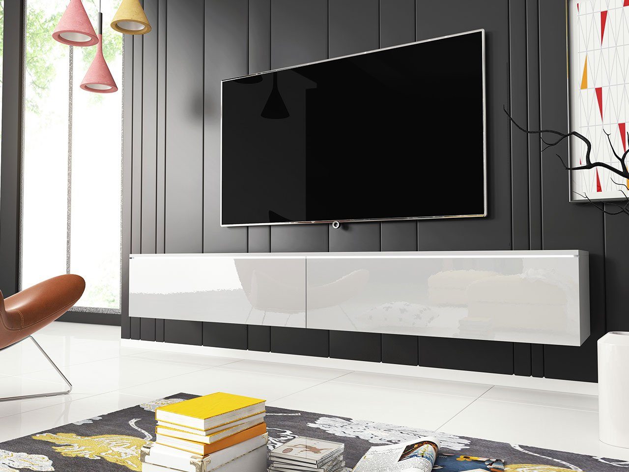 Mirjan24 TV-Schrank D180 Stilvoll TV-Tisch, 2 Türen, Modern Wohnzimmer Weiß / Weiß Hochglanz