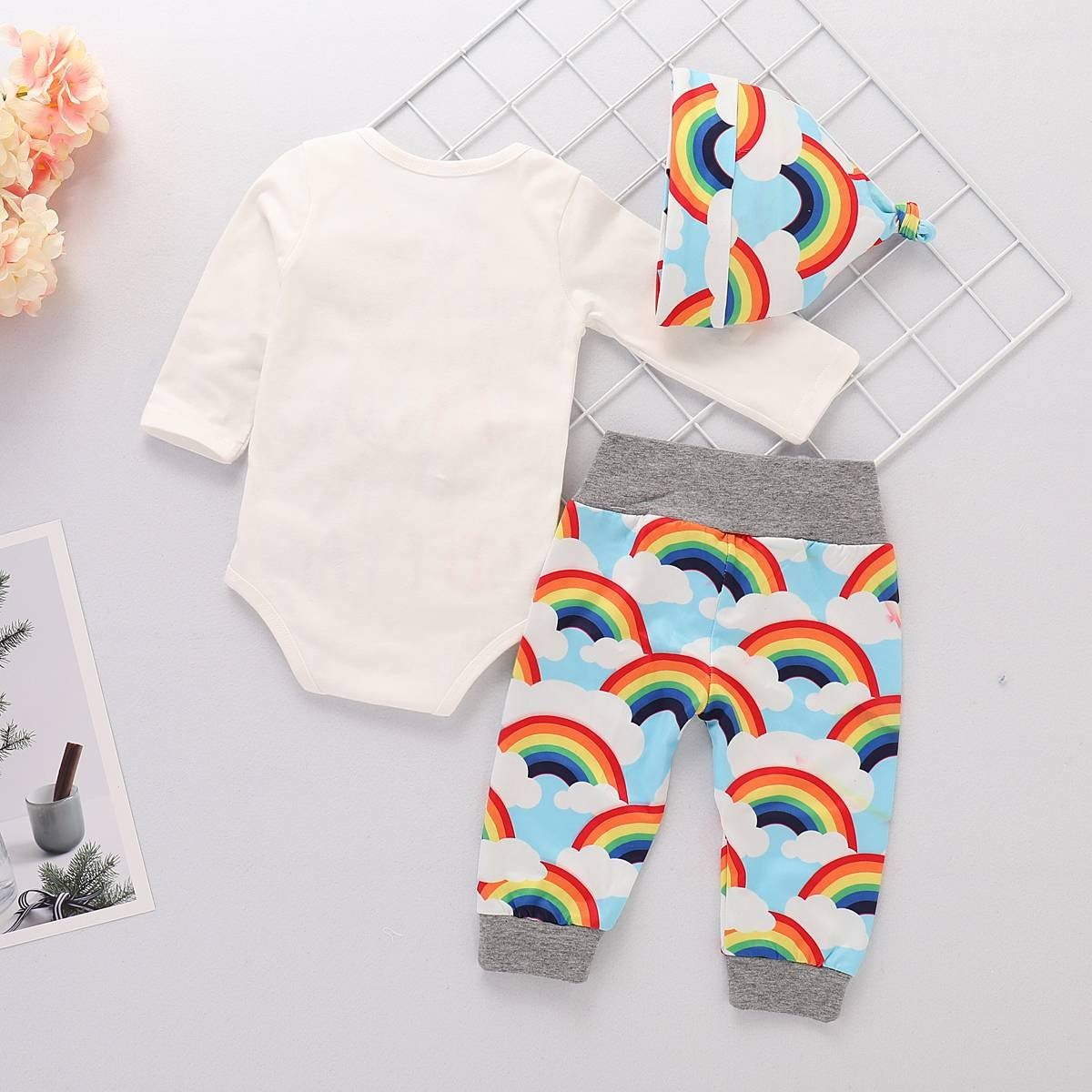 Neugeborenes (Set, 3-tlg) Shirt, Leggings, & Regenbogen Langarm Baby Jäckchen LAPA Mütze Set