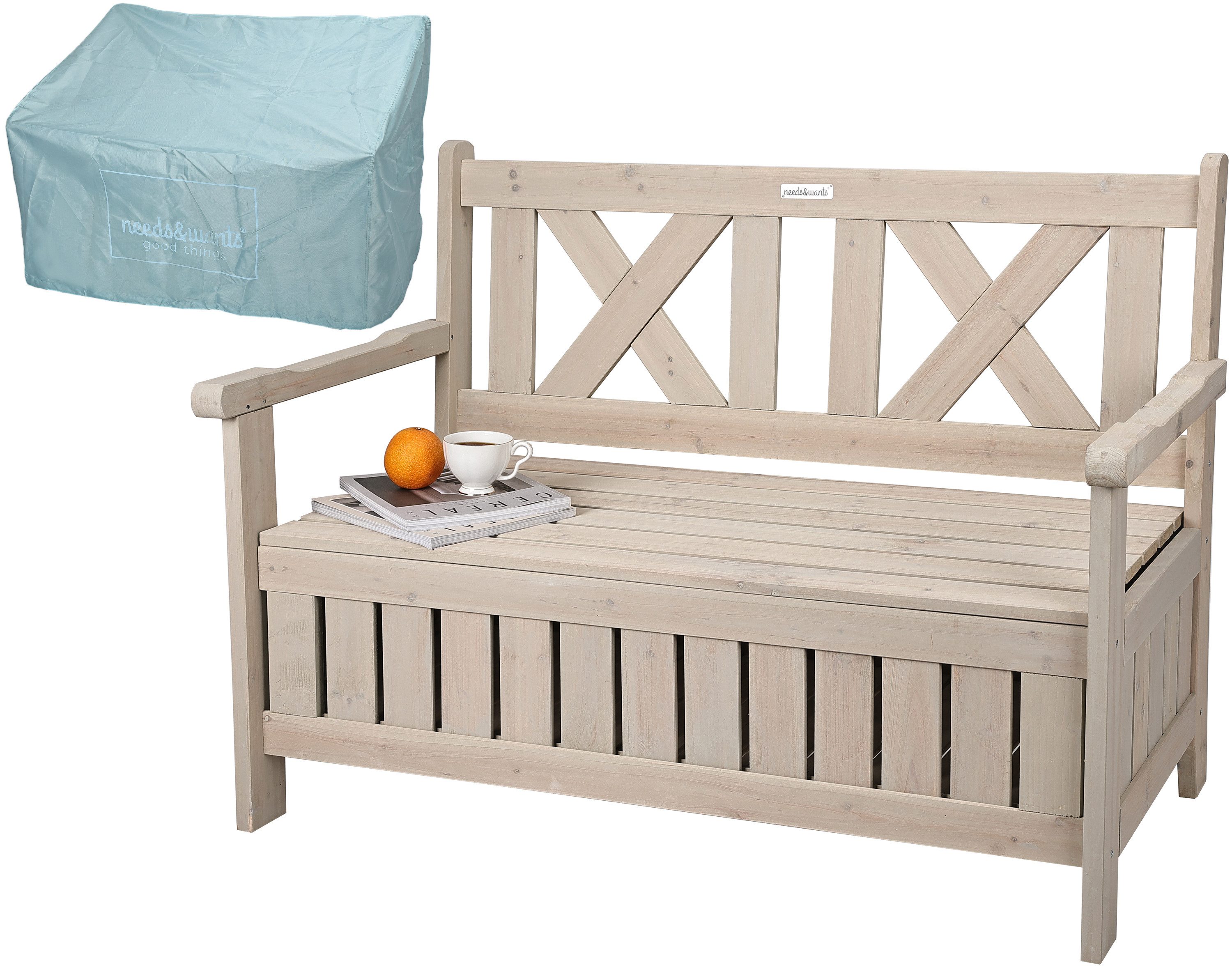 needs&wants® Gartenbank Holz wetterfest mit Stauraum, Truhenbank Holzbank Sitzbank Truhe braun, mit Textil Abdeckung 2-Sitzer Parkbank Garten Outdoor klassisch massiv
