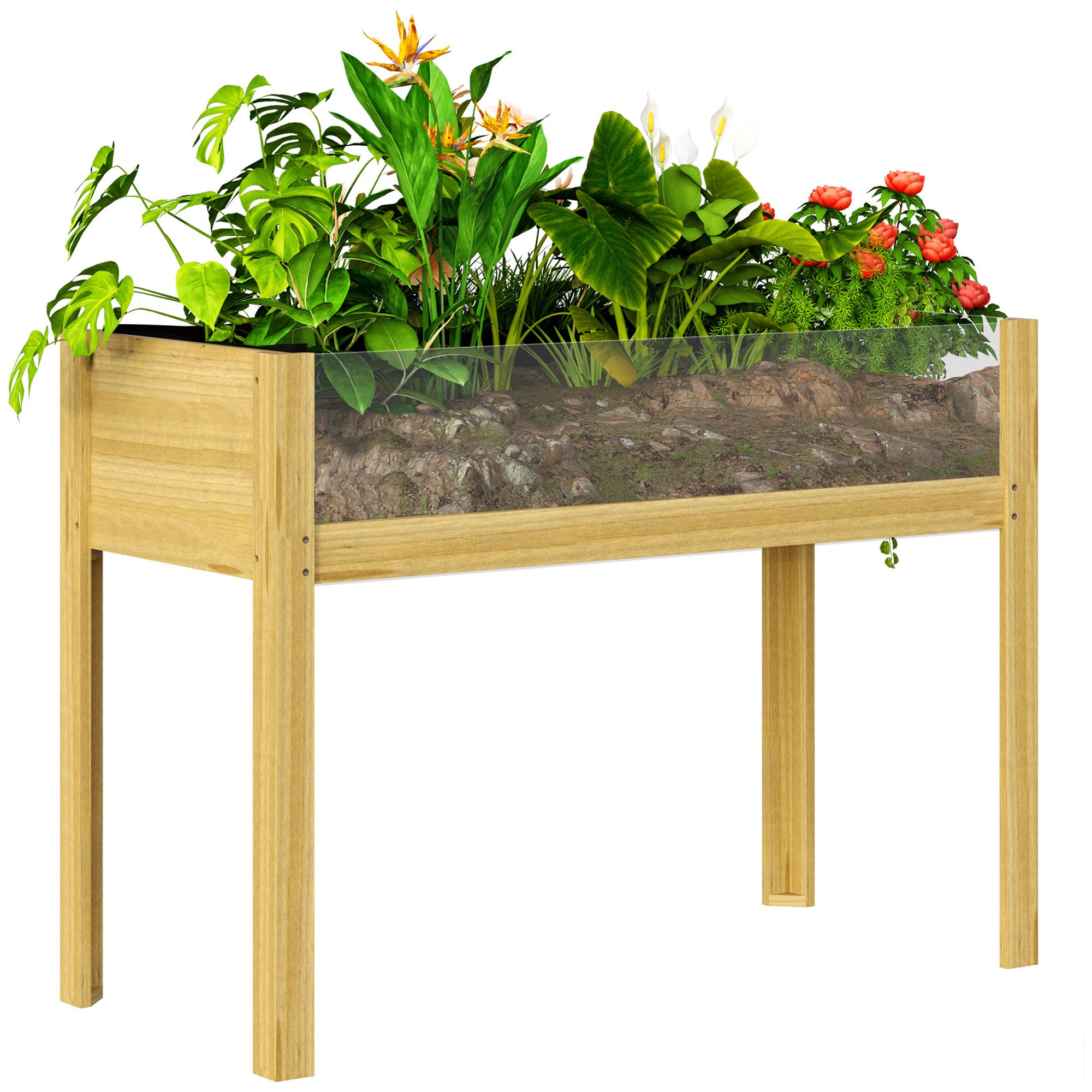 Outsunny Hochbeet mit Acrylplatten, mit Ablauflöcher, aus Holz, wetterbeständig (erhöhtes Kräuterbeet, 1 St., Gemüsebeet), für Garten, Balkon, 110 x 50 x 80 cm Naturholz
