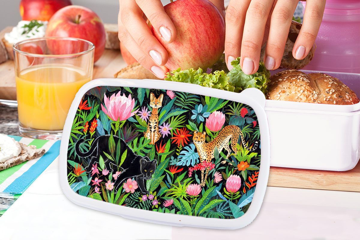 MuchoWow Lunchbox Dschungel und weiß Brotdose, für Erwachsene, für Brotbox - Pflanzen Kinder Mädchen Kunststoff, und - Jungs Tiere, (2-tlg)