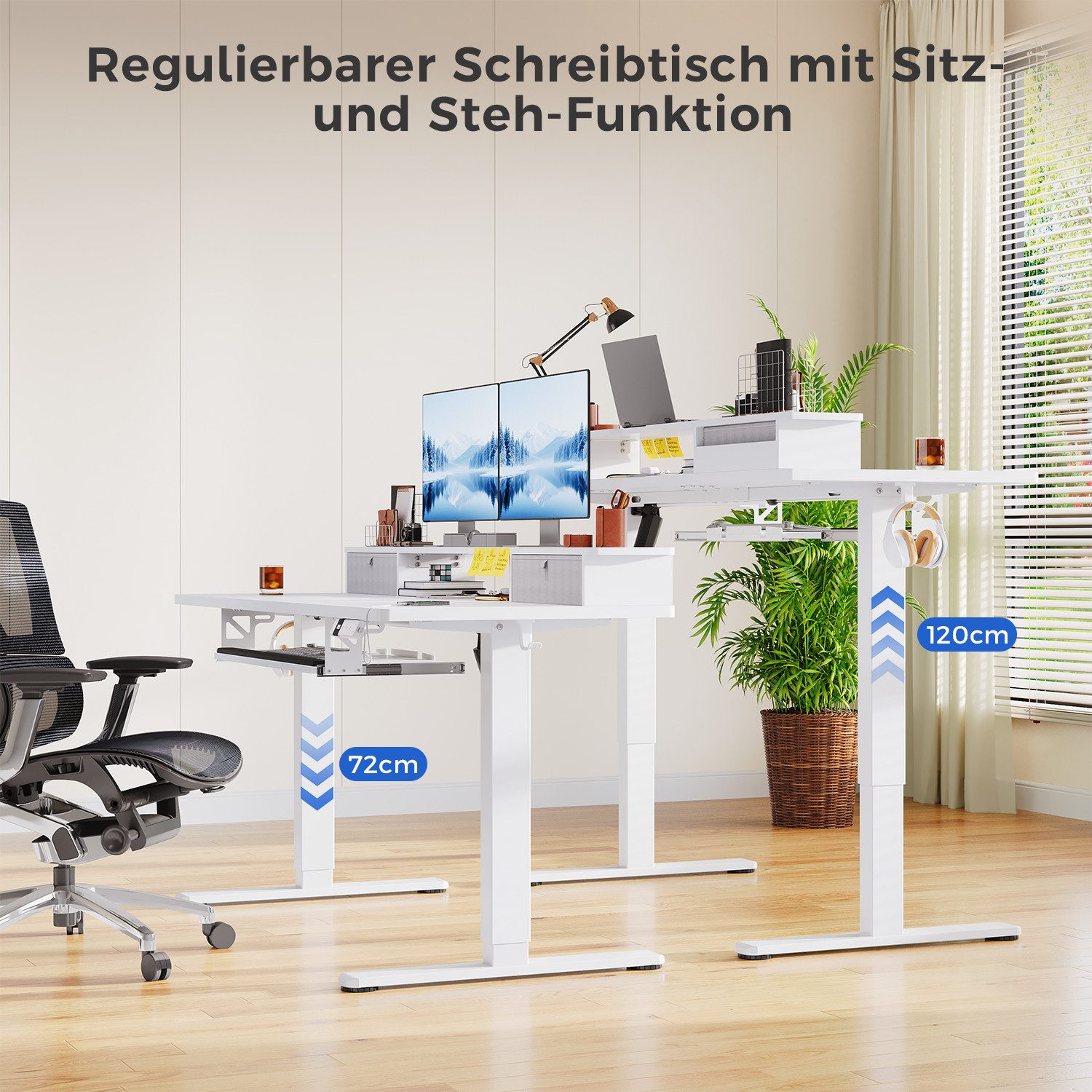 HOMALL Schreibtisch Höhenverstellbarer Schreibtisch mit Schublade, Schülerschreibtisch (140CM Mit 2 Stofbehangen 3 Spaicherpositionen fur die Hohe + Erinerung beilangem Sitzen. 2 Haken, Tastaturablage,maximale Belastbarkait 7o kg,ostern geschenke)