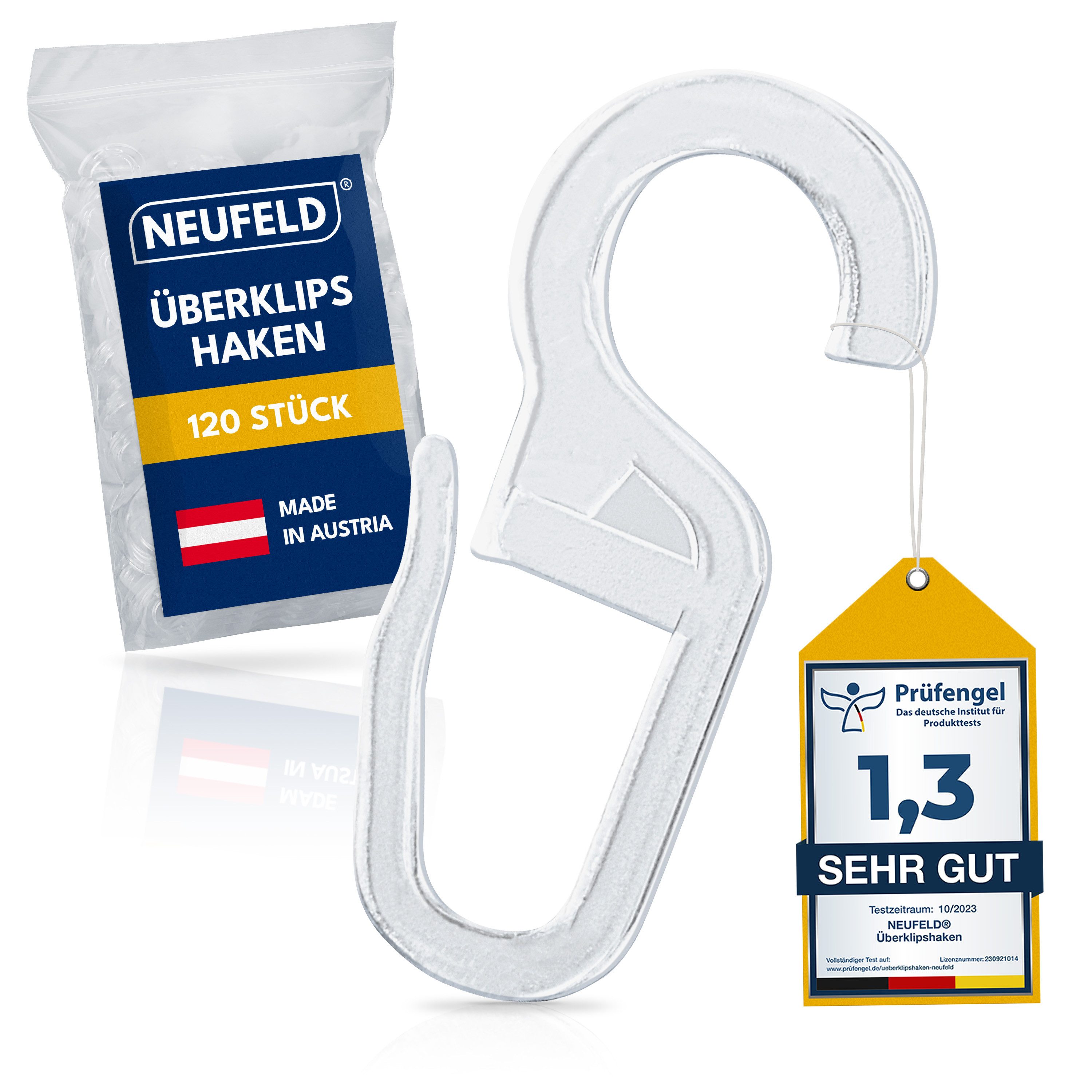 NEUFELD Gardinenhaken Überklipshaken Transparent I 120 Stück I 10mm Öse, Vorhanghaken, Gardinen, Vorhänge, Gardinenringe, (Set, 120 Überklipshaken mit 10 mm Öse), Transparent Lautlose Anwendung Waschfest Bruchsicher 10 mm Öse