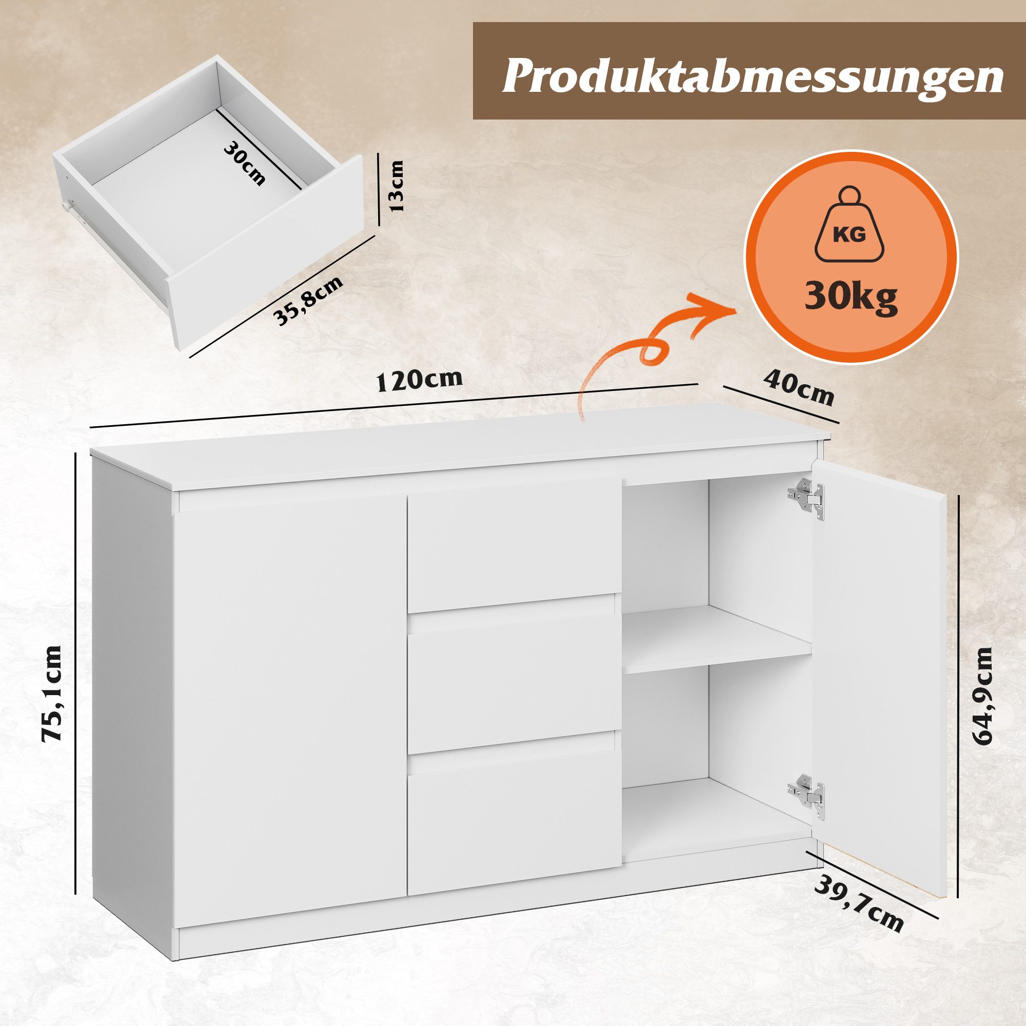 WLIVE Sideboard Kommode, Breite 80 cm, Sideboard mit 3 Schubladen & 1 Tür, (Packung, leise Schienen, viel Stauraum)