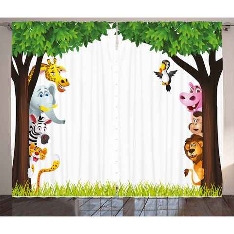 Gardine Schlafzimmer Kräuselband Vorhang mit Schlaufen und Haken, Abakuhaus, Kindergarten Bäume Freundlich Jungle