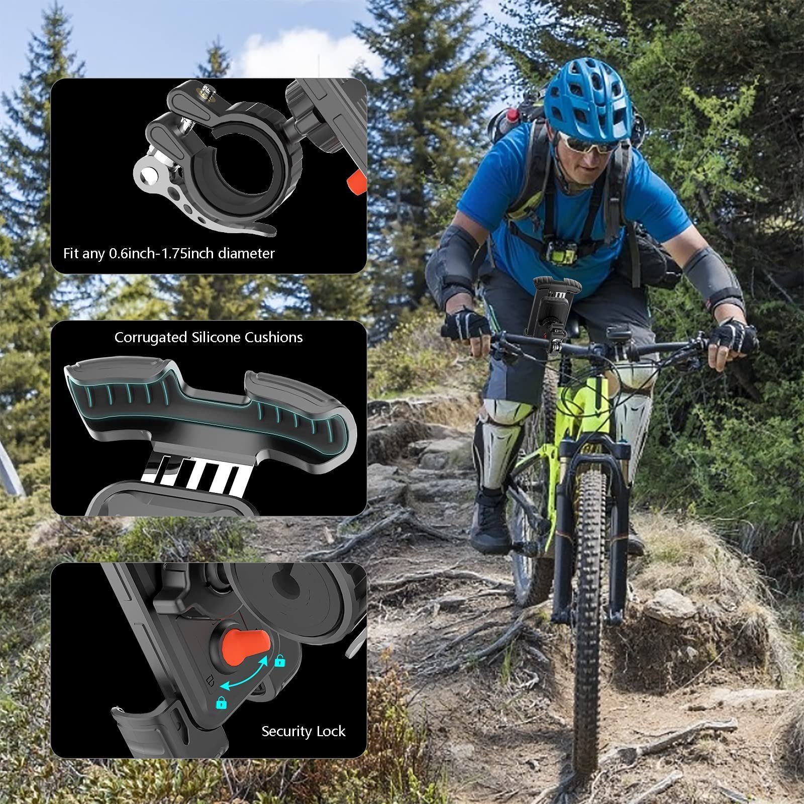 SURFOU Smartphone-Halterung Handyhalterung Fahrrad, Handyhalter Motorrad360° Lenker Halter, (Stabile Handyhalterung Fahrrad & Motorrad, ideal für 5,1–6,8", Metall, mit Sicherheitsverschluss, 1-tlg., 360° Drehgelenk & Silikonschutz, wasserdicht–werkzeuglos montierbar, für Fahrrad, Motorrad & E-Scooter)