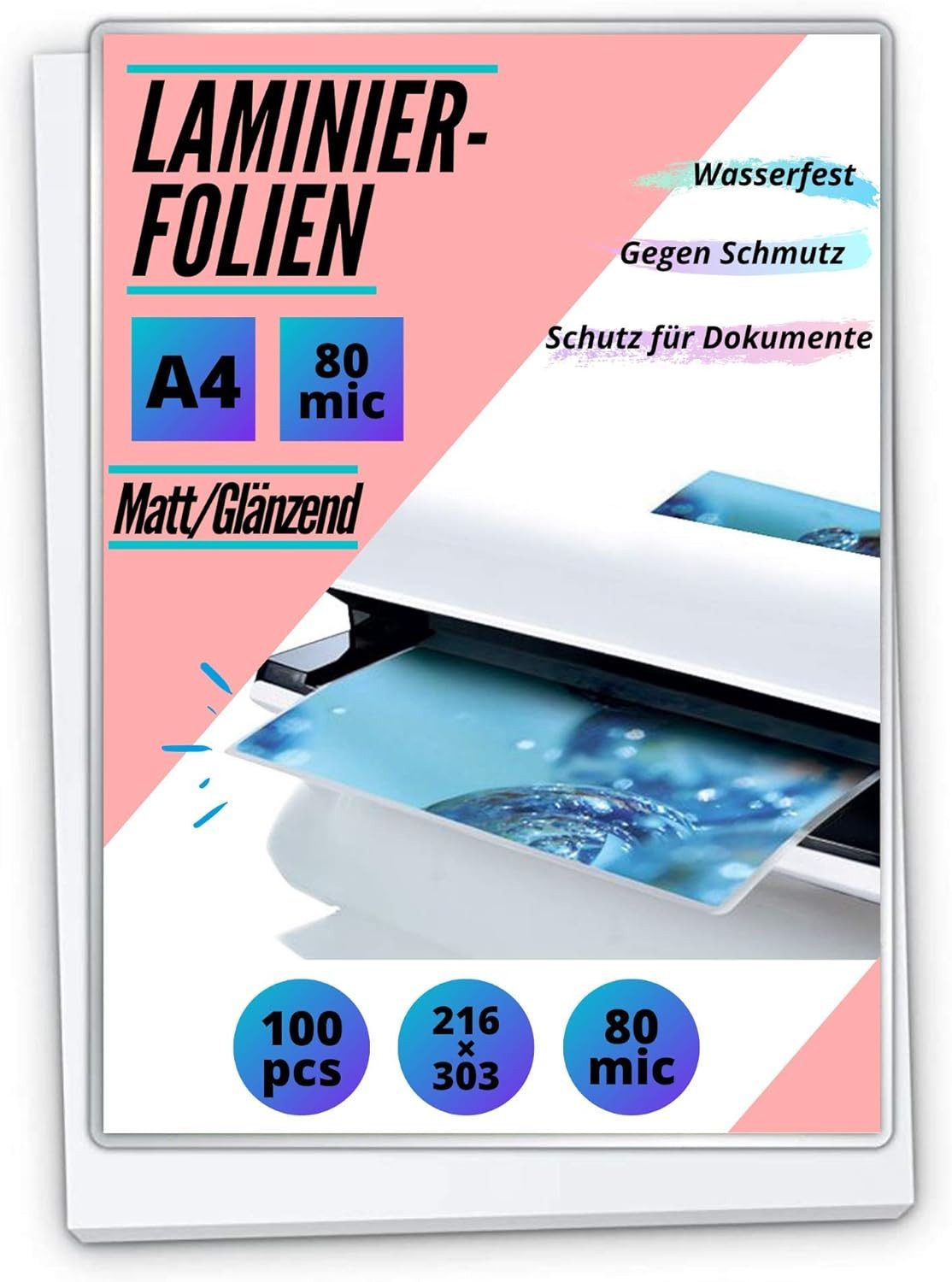 MK Vertriebs KG Schutzfolie 100 Laminierfolien DIN A4 - 2x 80 Mic - matt/glänzend, 100% wasserdicht, extrem reißfest und stabil