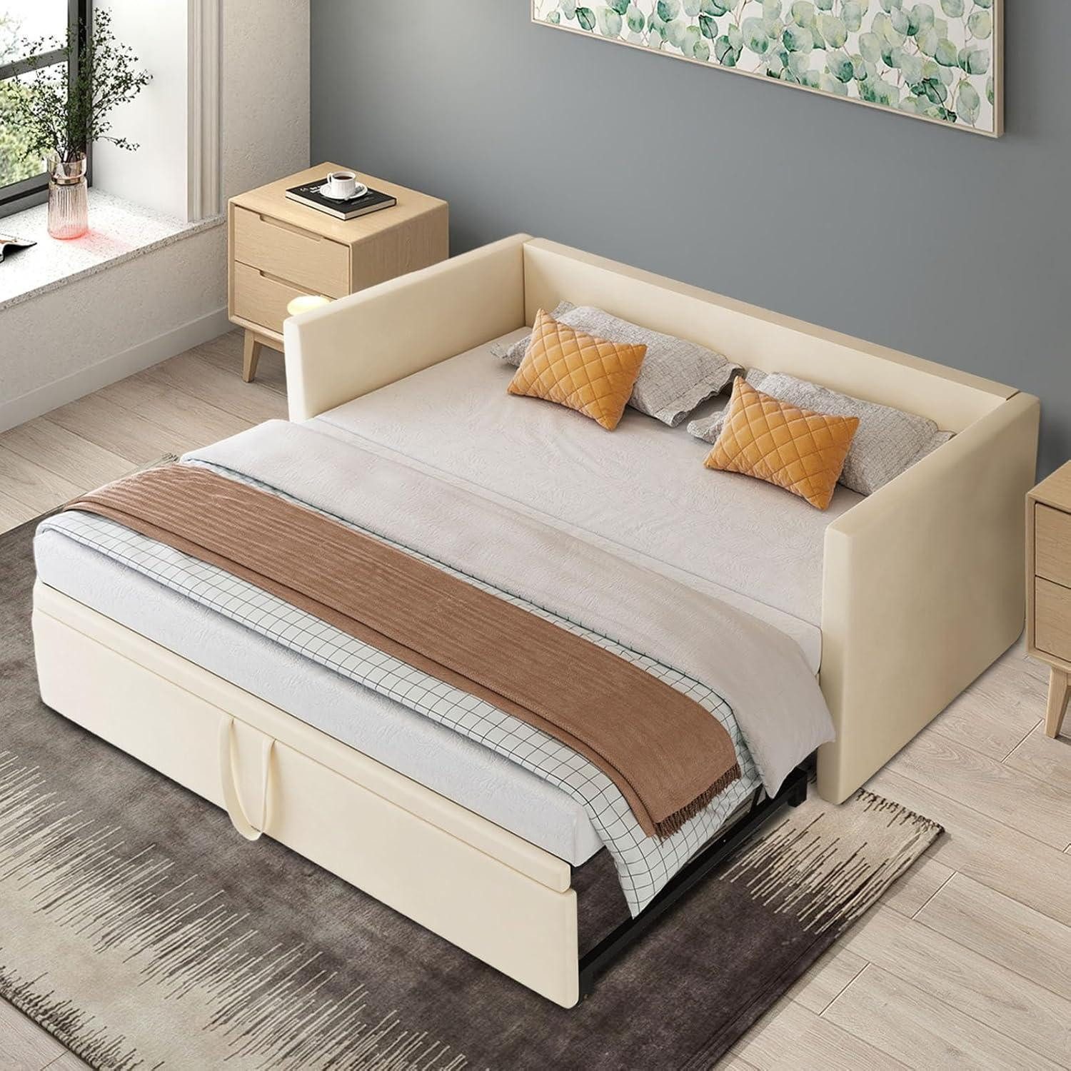 LuxusKollektion Schlafsofa Schlafsofa Ausziehbar Schrankbett Murphy Bed Samtstoff Beige 01