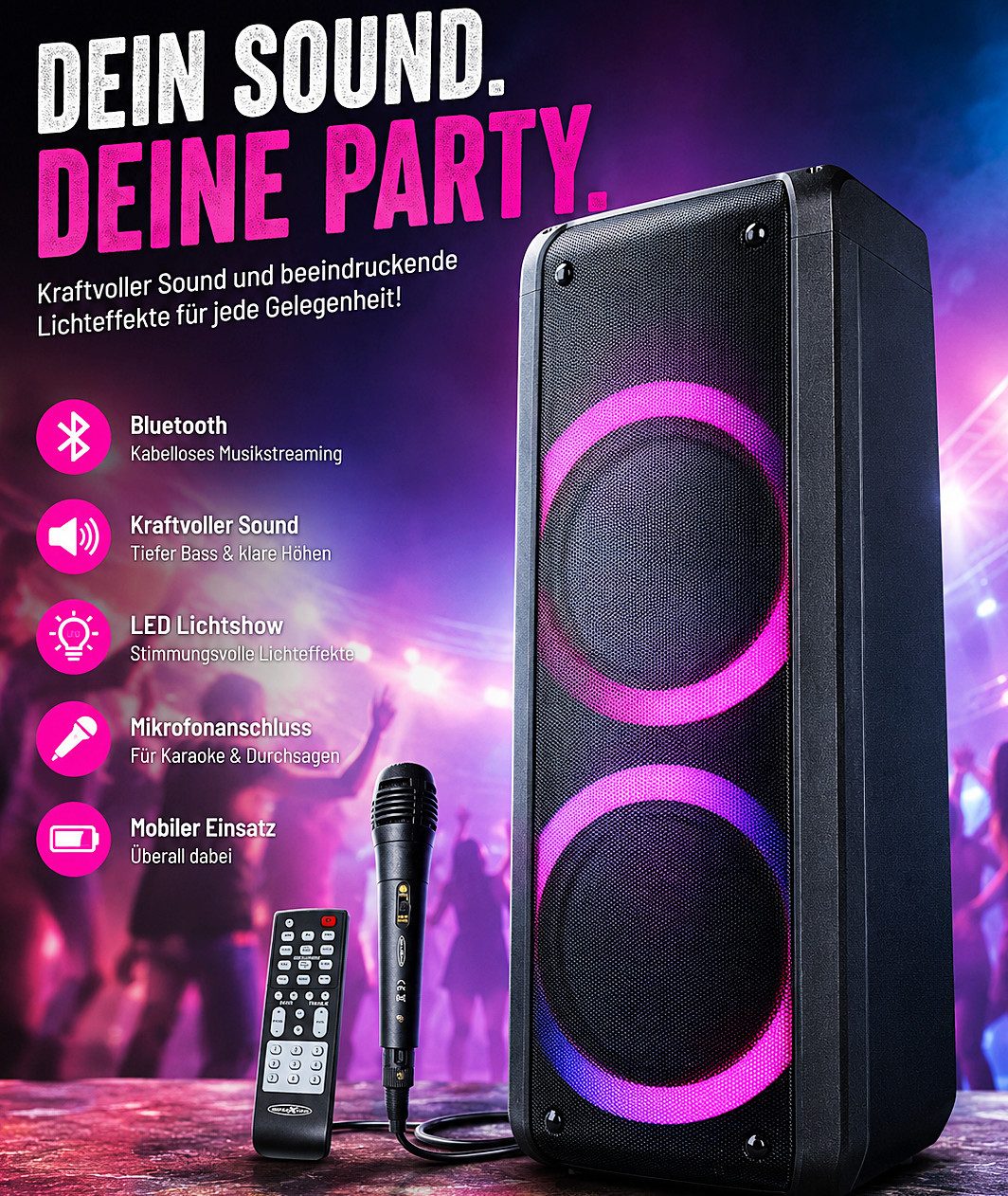 Reflexion PS09BT mit rotierenden Lichteffekten Party-Lautsprecher Stereo (Bluetooth, 500 W, Bluetooth, Radio, Karaoke, Disco-Licht Effekte, Micro-SD Slot)