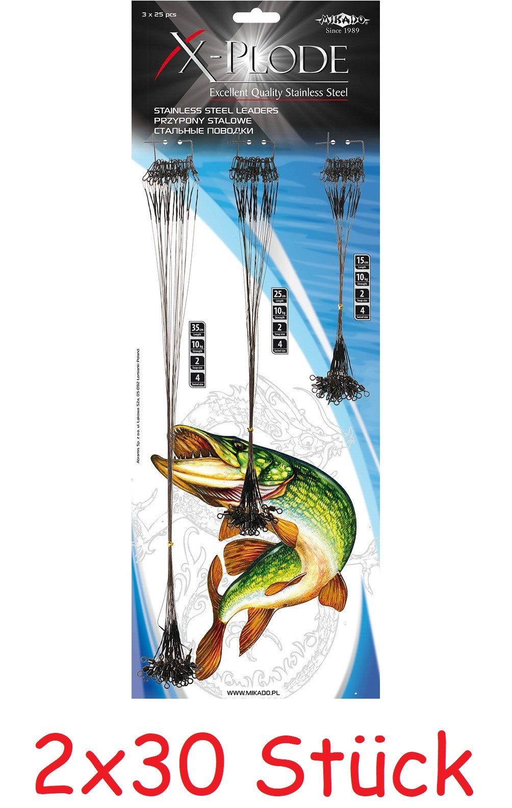 Vorfachschnur Stahlvorfach STAHL-LEADER Wirbel und Safety Snap 30cm/10kg 2x30 Stck.