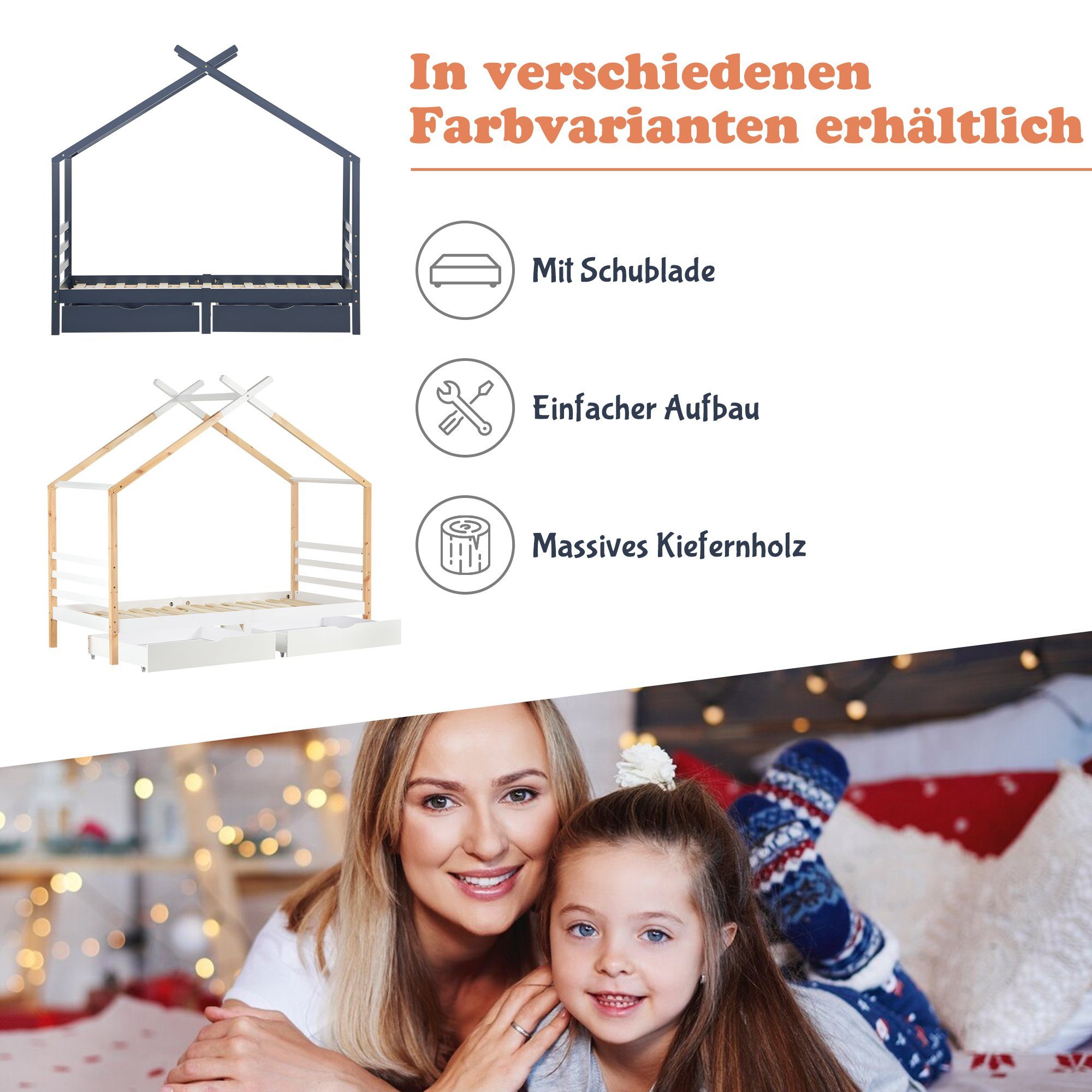 Kinderbett, Hausbett Jugendbett mit Bettschubkasten und Lattenrost, 90x200 cm