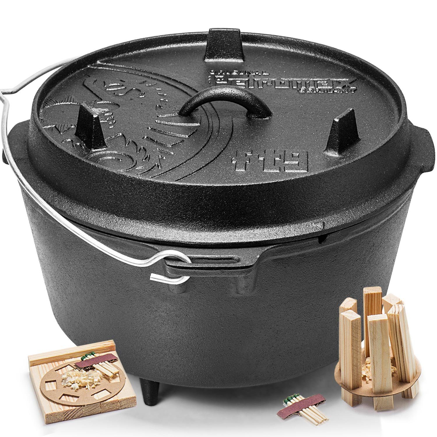 Petromax Schmortopf Feuertopf ft9 mit Deckel mit Füßen Dutch Oven, Gusseisen (Spar-Set, 3-tlg., für 8-14 Personen geeignet), mit Henkel, Deckel als Pfanne nutzbar