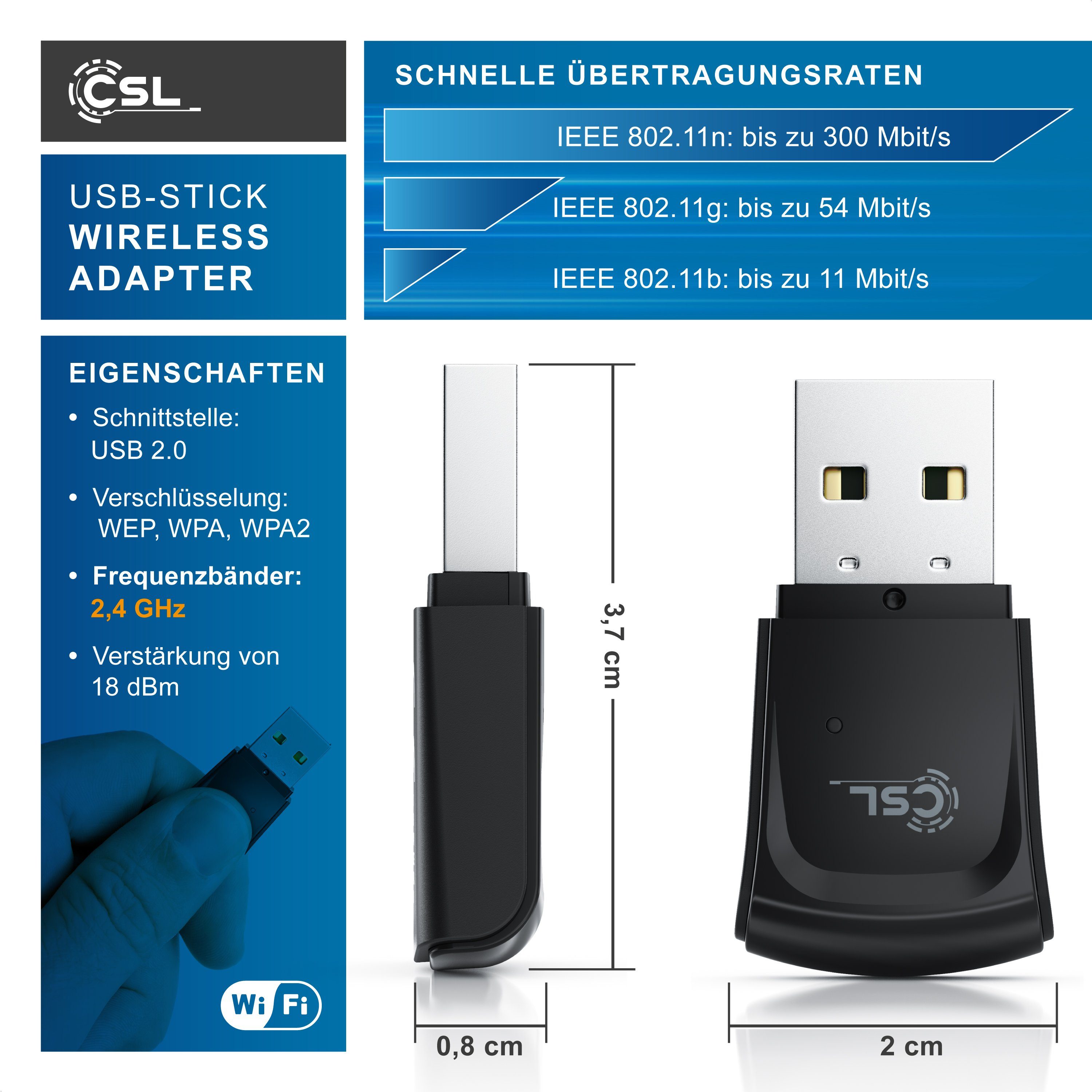 CSL WLAN-Dongle WLAN Adapter 300 Mbit/s USB Stick, 300 Mbit/s USB Stick WiFi Adapter 2,4 Ghz 2T2R, Verstärkung 18 dBm – Bild 2 von 5