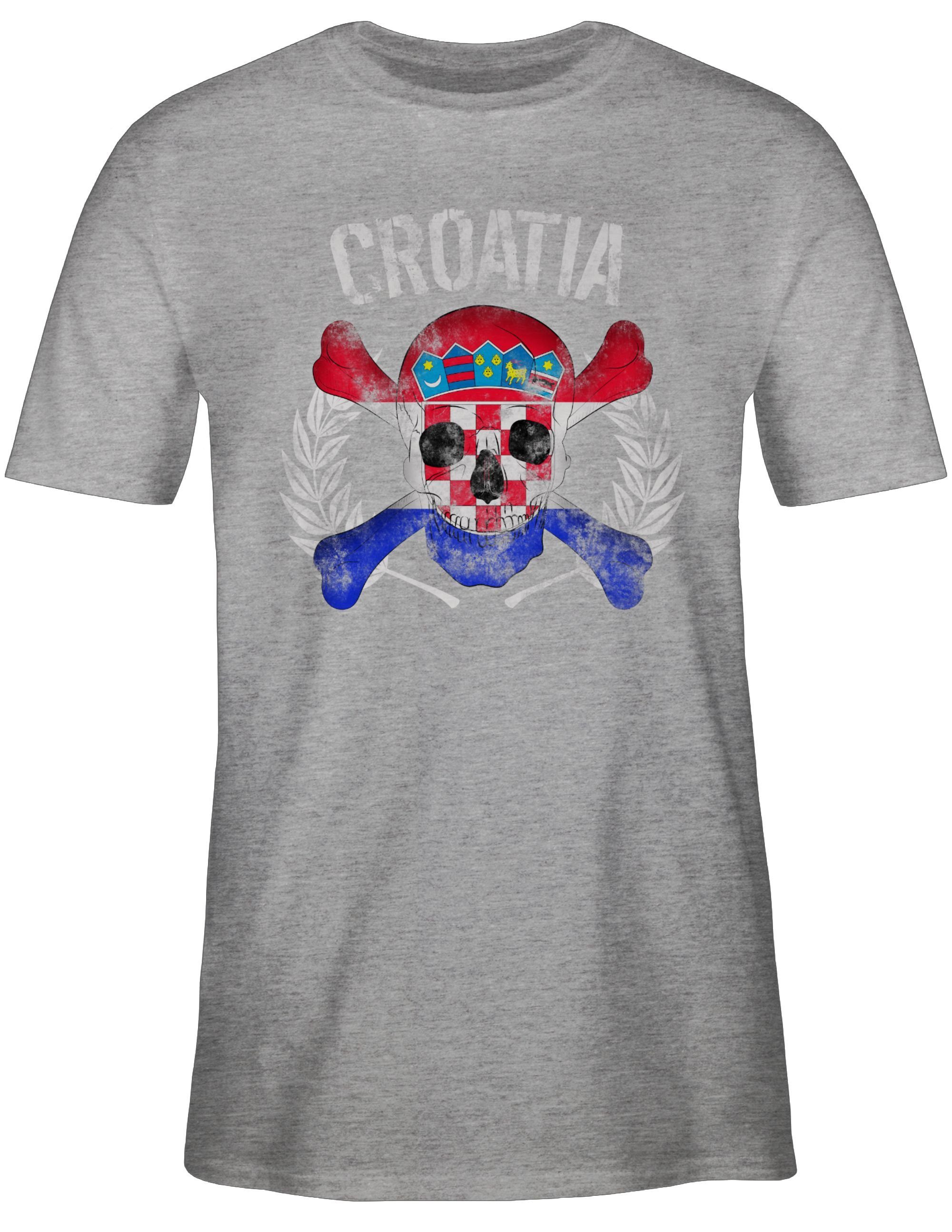 Totenkopf meliert Kroatien EM WM 2024 T-Shirt Shirtracer Fussball 3 Croatia Grau