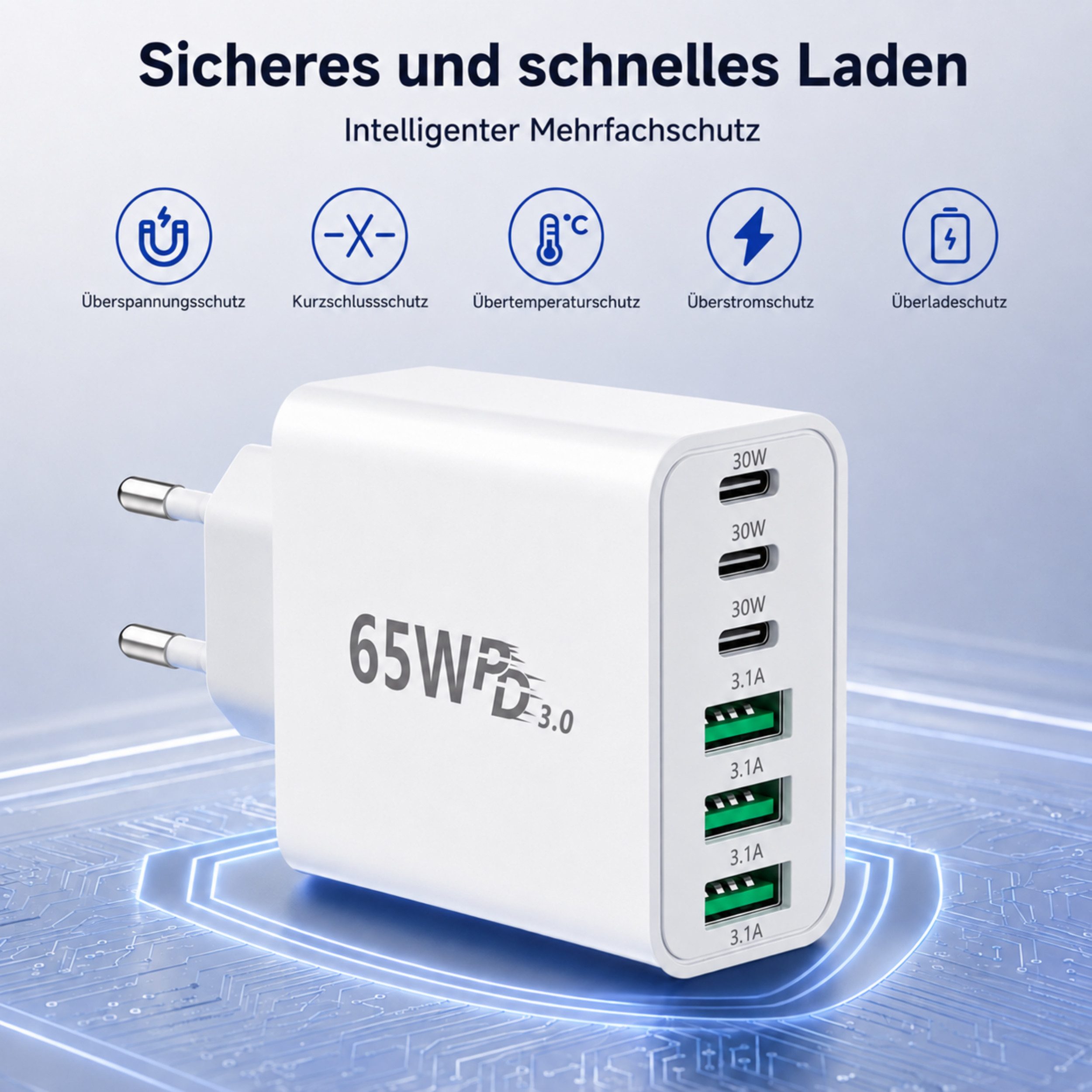 PlugUp 65W Ladegerät 6-Port 30W Schnellladeadapter mit USB-C Ladekabel USB-Ladegerät (3100 mA, Set, Inkl. USB-C Ladekabel, Universelles Schnellladegerät mit USB – Bild 5 von 5