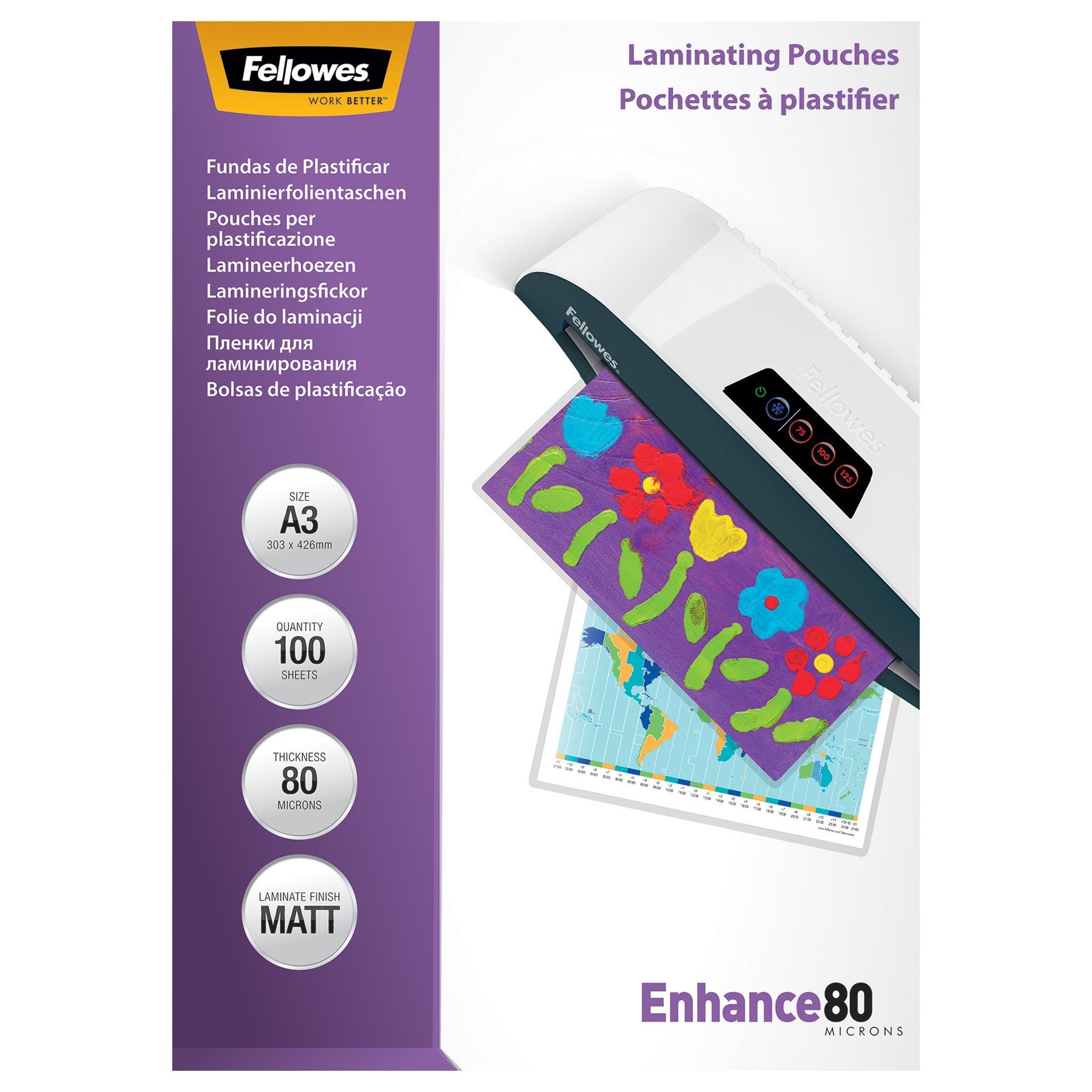 FELLOWES Schutzfolie Fellowes® 54520 Laminierfolie A3 matt Enhance 80mic - 100 Stück, Abgerundete Ecken