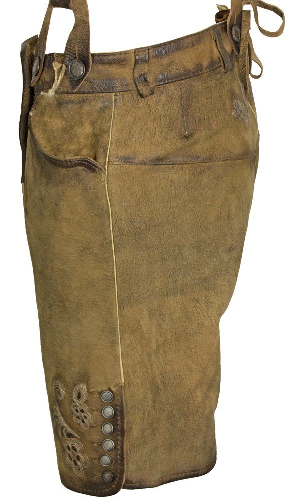 Maddox Trachtenlederhose "Kreuzberg" mit Hosenträgern - Antik Eiche, Kurze Damen Bermuda