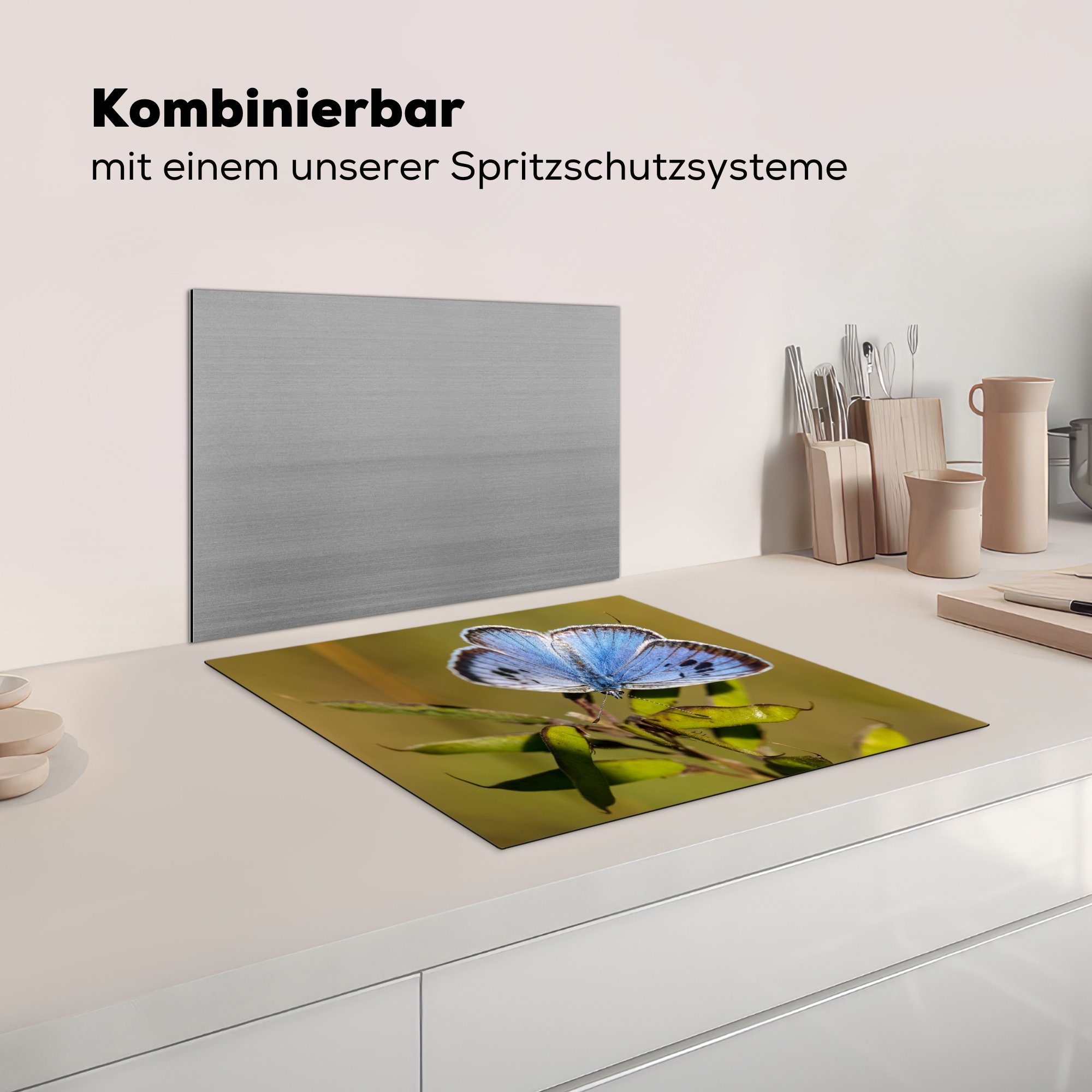 Tigerblauer Ceranfeldabdeckung Schmetterling grünen Herdblende-/Abdeckplatte cm, Arbeitsfläche auf Mobile tlg), Vinyl, (1 60x52 Blättern, nutzbar, MuchoWow