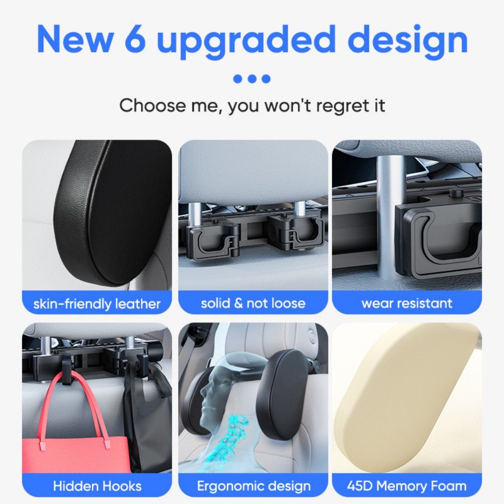 ibettertec Autokopfstütze Autokopfstütze, 360°Verstellbares Auto-Kopfstützenkissen, (Auto-Reise-Schlaf-Kopfstützkissen für Kinder und Erwachsene, Memory Foarm Nackenkissen), nur geeignet für Autositz mit 2 Stangen