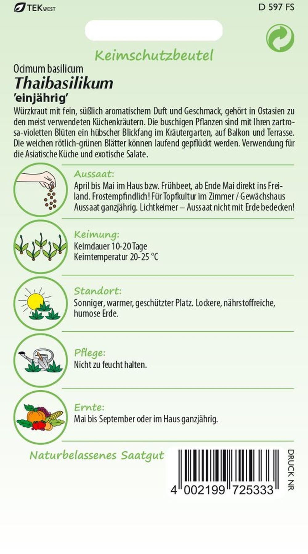 SAMEN PFANN Kräutersamen Thai Basilikum - Basilikum-Samen Kräuter-Samen Gewürz Saatgut Samen, Ocimum basilicum