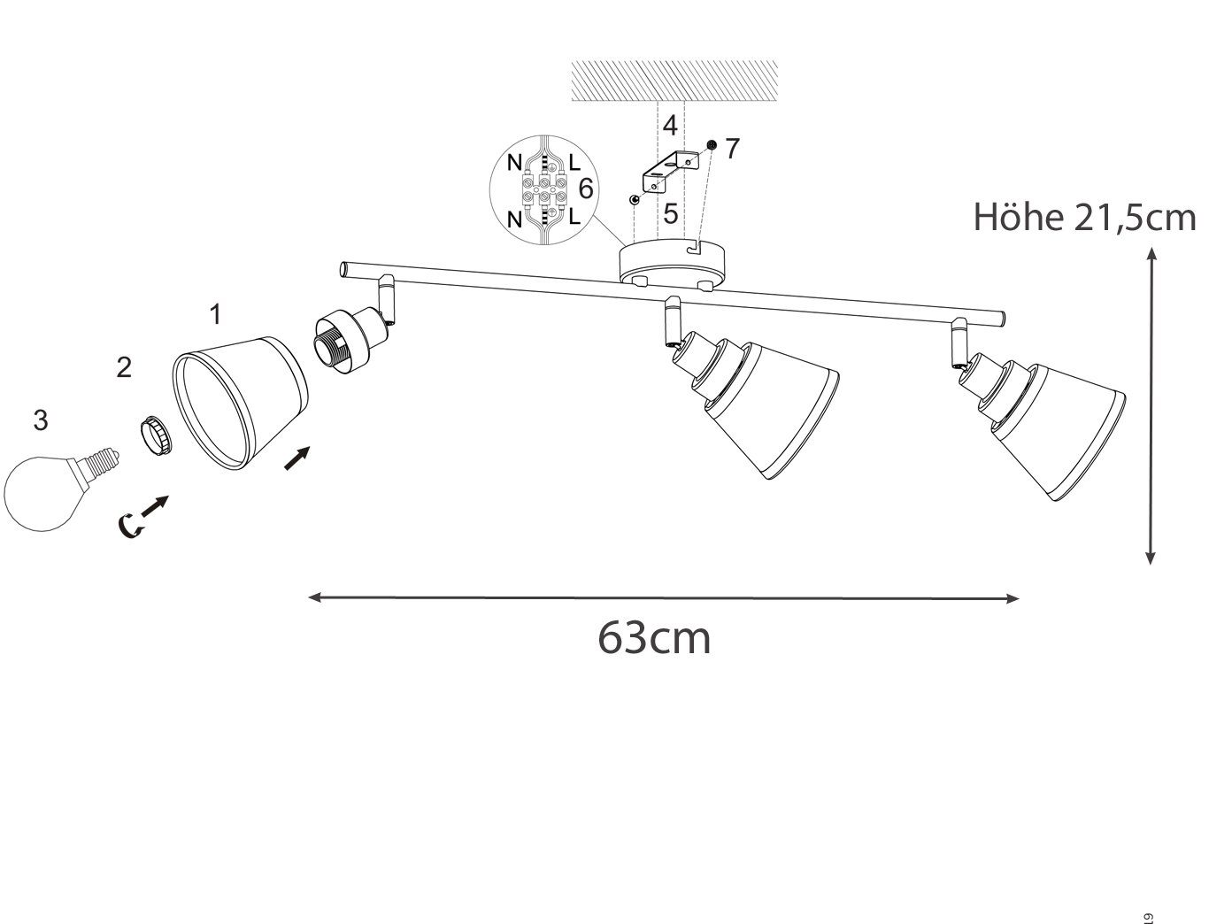 WOFI Deckenspots, ohne Leuchtmittel, innen, Deckenleuchte Treppenhaus Küchenbeleuchtung Lichtspots, B. 63cm