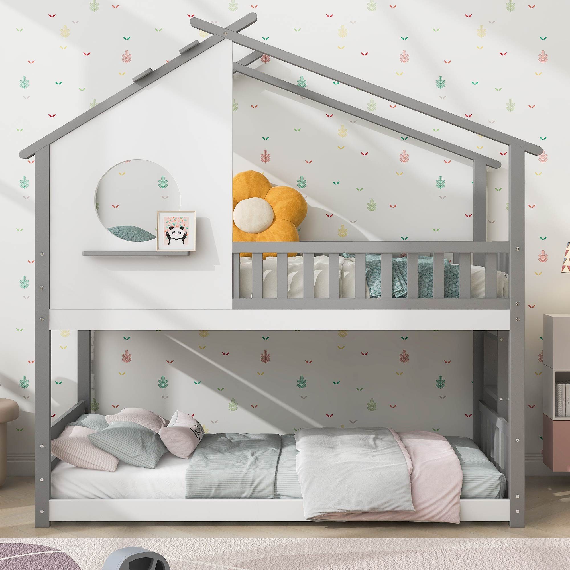Ulife Kinderbett Hausbett, Etagenbett in Eiche hell & weiß mit Leiter & 2 Liegeflächen (Packung, 1 Bett), Mit einem dreieckigen Dach Grau & Weiß | Grau