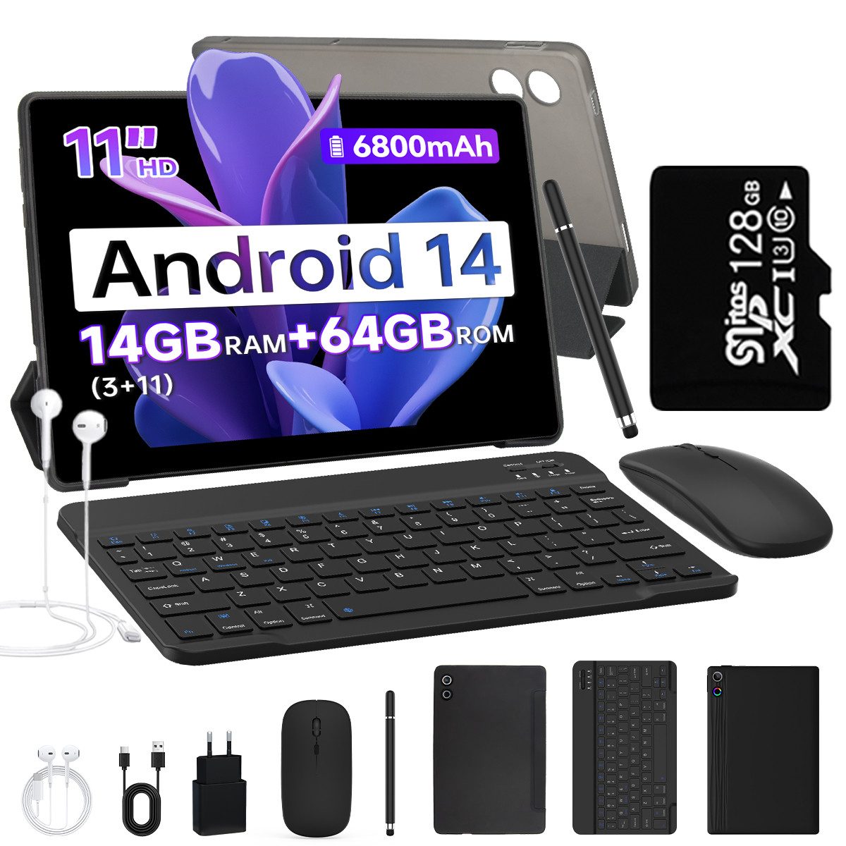 BUFO 11 Zoll Octa-Core 14(3+11)GB RAM+64GB 6800mAh, mit Tastatur Maus Stift Tablet (11", 64 GB, Android, AIC8800D80 802.11 a/b/g/n/ax/ac (WiFi 6) + BT5.3, Android 14, Duale Kamera, HD Display)