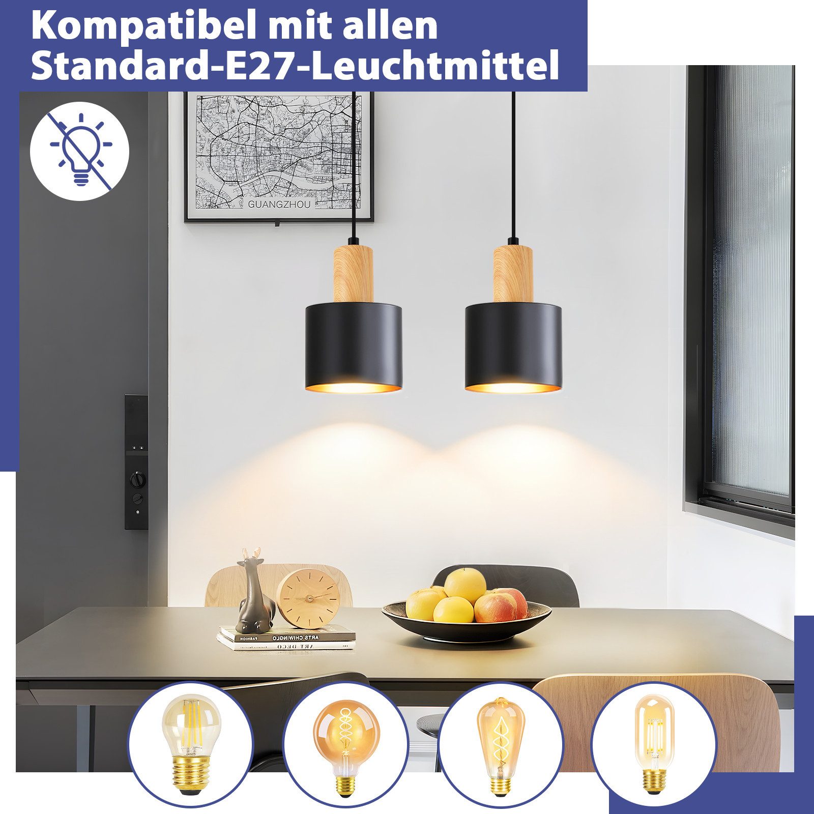 Nettlife Hängeleuchte Schwarz Vintage 1/2/3 Flammig Esstisch E27 Pendelleuchte, Höhenverstellbar, LED wechselbar, Metall Pendelleuchte Essbereich Hängelampe – Bild 4 von 5
