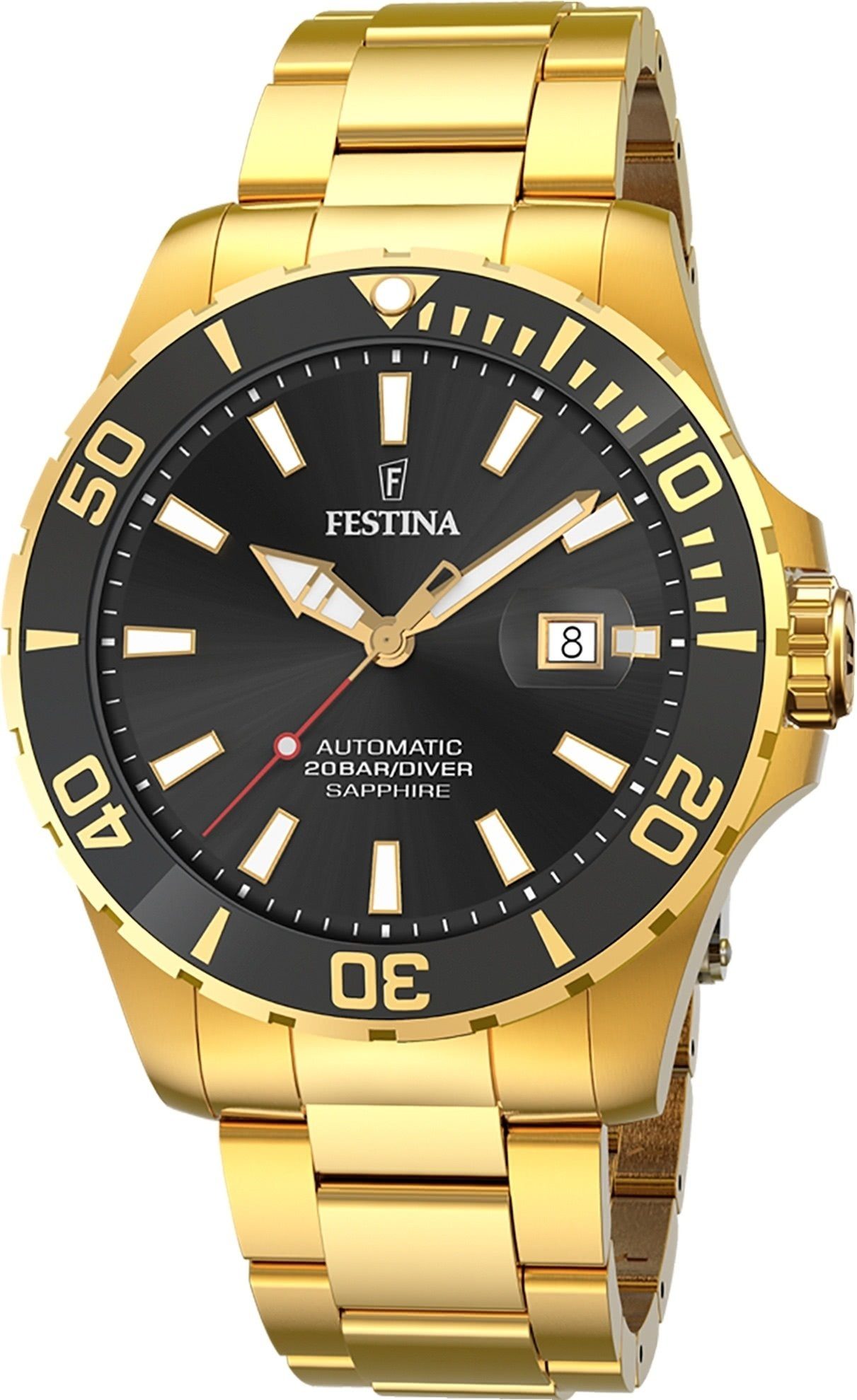 Festina Quarzuhr Festina Herrenuhr Automatik, (Analoguhr), Herren Armbanduhr rund, Edelstahlarmband gold, Elegant