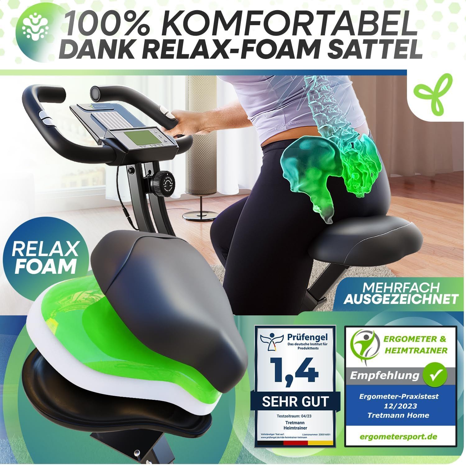 Tretmann Heimtrainer Fitnessbike - Hometrainer Fahrrad Klappbar Set-extra bequem & leise (Relax Sattel bis 150KG Belastbar, Heimtrainer Fahrrad, Heimtrainer Senioren, Indoor Bike, Fitnessbikes), 16 Widerstandsstufen - Gelenkschonend - DEKRA-geprüft