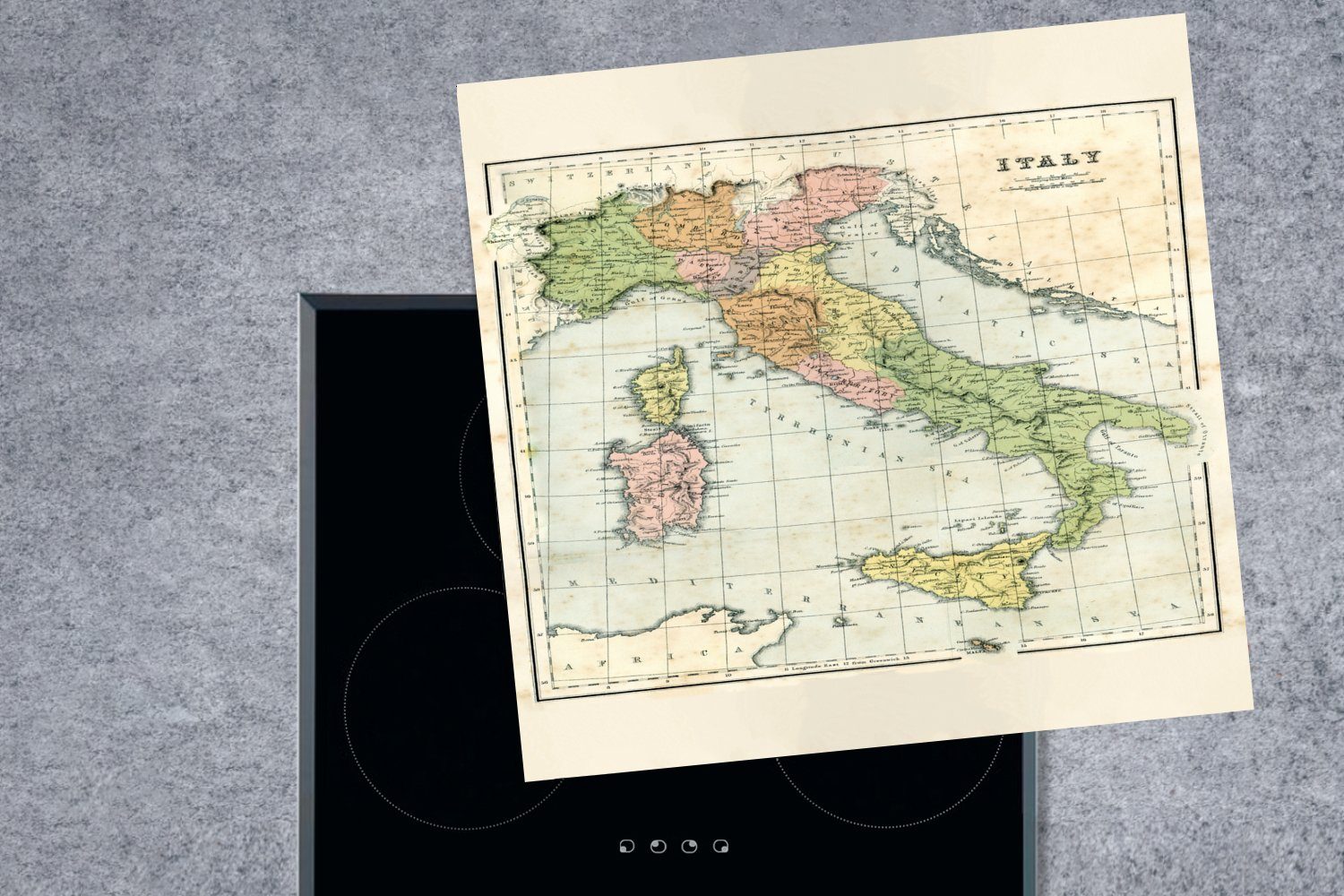 Vintage-Karte tlg), MuchoWow (1 Ceranfeldabdeckung, Herdblende-/Abdeckplatte Italien, von Arbeitsplatte 78x78 cm, für Vinyl, küche