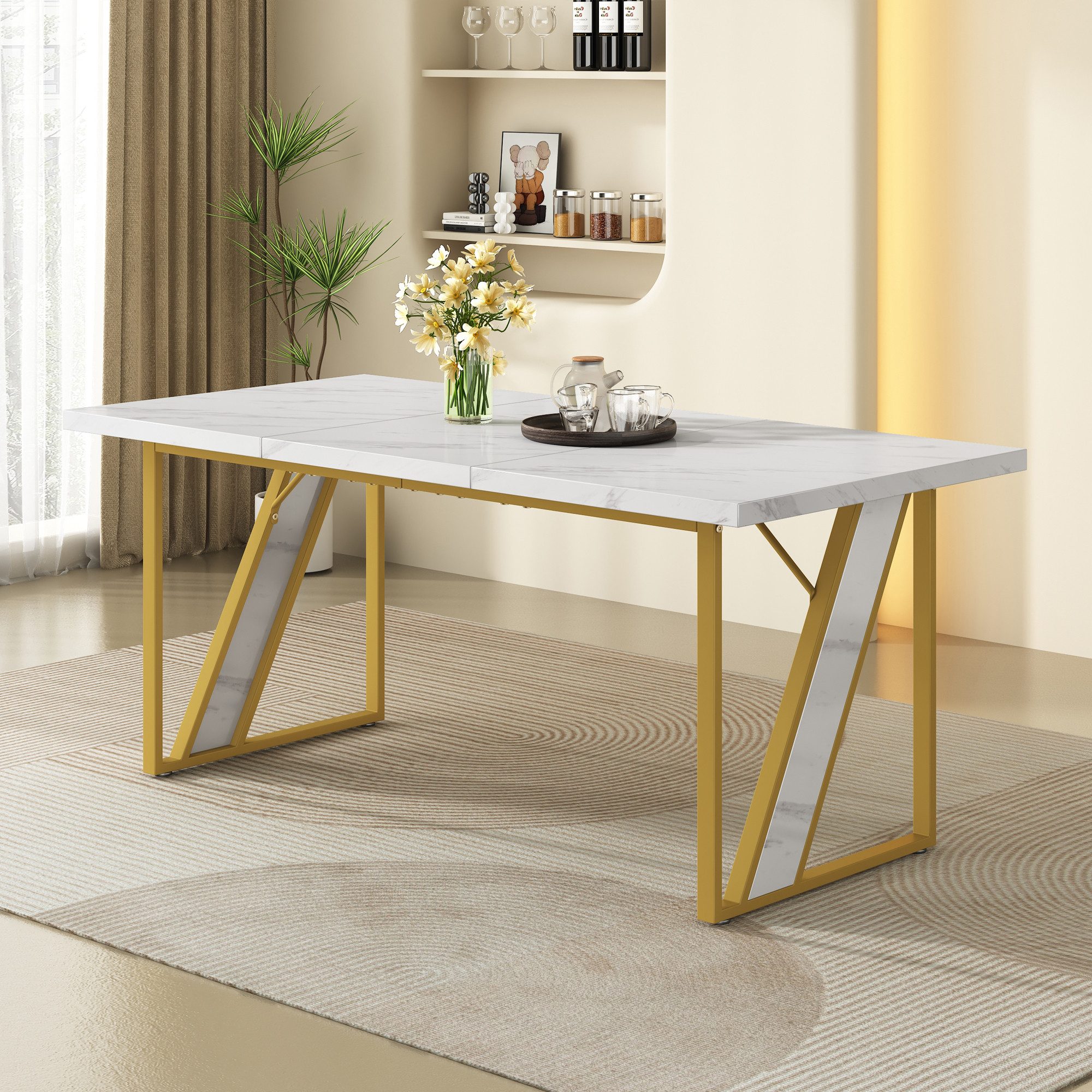 Rutaqian Esstisch Esstisch weiß 4 personen, 160×80x75cm Moderner Esstisch marmor-Tisch (1-St), für Esszimmer und Küche