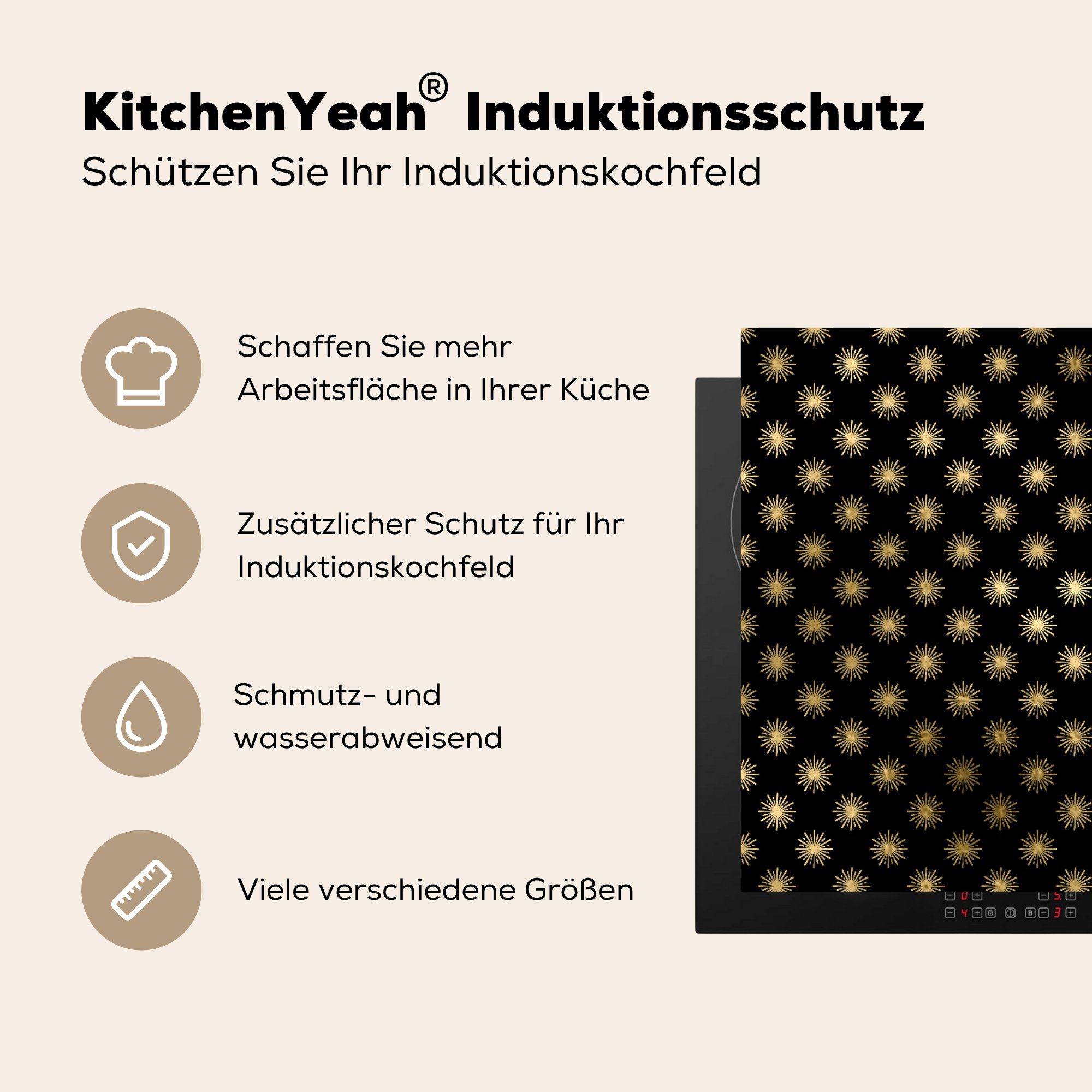 Herdblende-/Abdeckplatte (1 Ceranfeldabdeckung, MuchoWow küche Arbeitsplatte Gold, - Muster cm, für tlg), - 78x78 Vinyl, Sonne