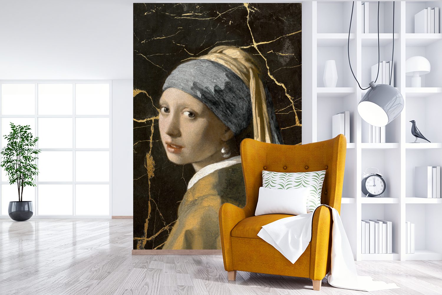 Mädchen - Perlenohrring Vermeer mit MuchoWow Vinyl (3 Wandtapete Johannes St), Fototapete Gold, Matt, bedruckt, Tapete für - Montagefertig Wohnzimmer, einem