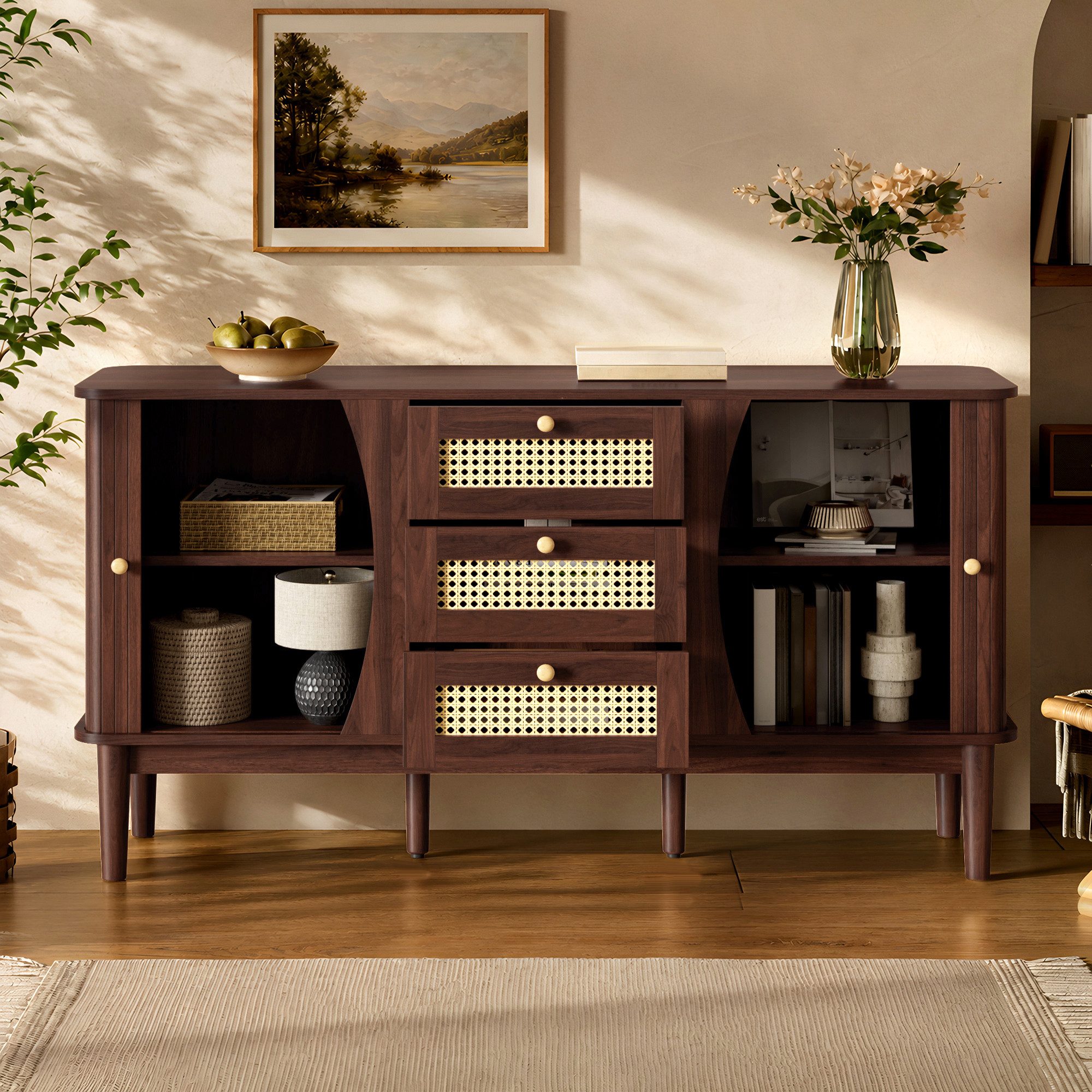 Merax Sideboard Skandi mit 2 Schiebetüren und 3 Schubladen (Rattanschrank Landhausstil, für Wohnzimmer & Flur), Rattan geflecht Kommode, Anrichte Schrank mit Ho – Bild 4 von 5