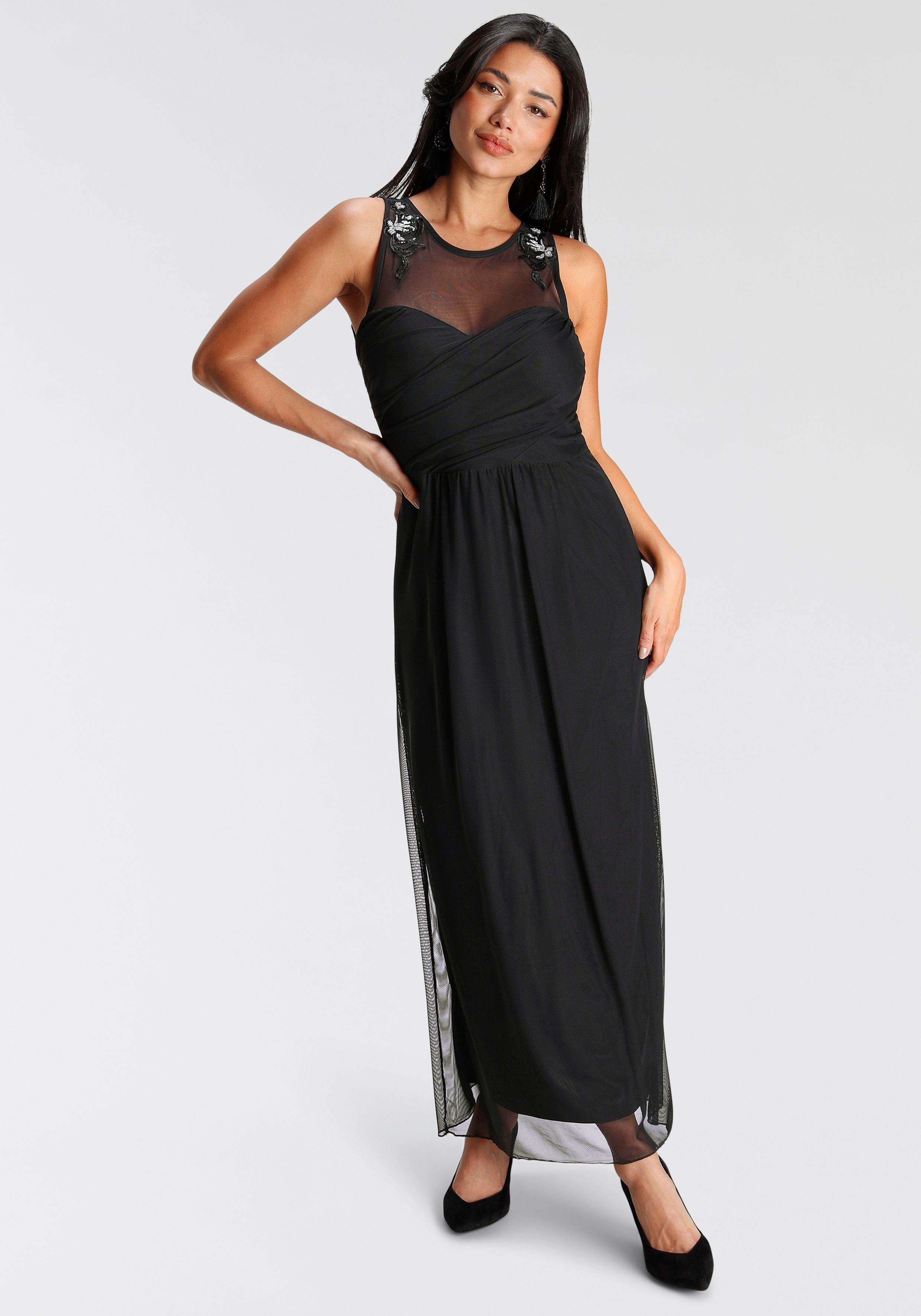 Abendkleid mit Perlen-Applikation schwarz Melrose