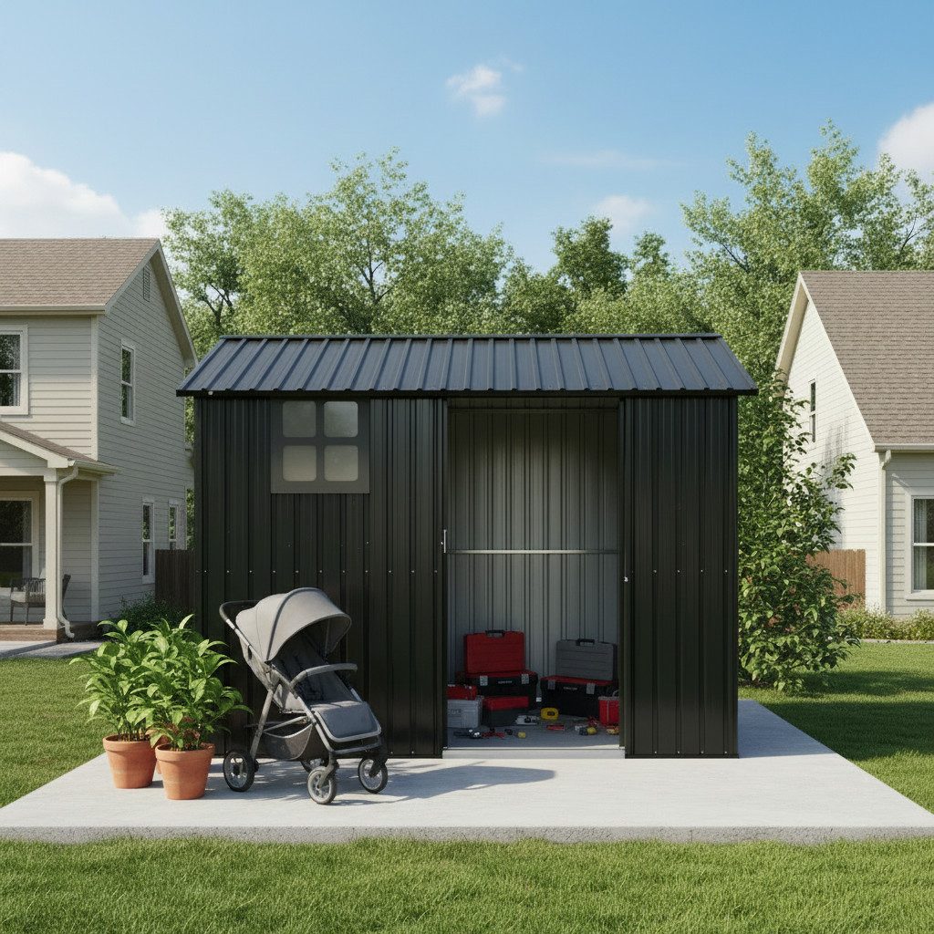 Rolipo Gerätehaus Metall Gartenhaus mit Fenster und Doppeltüren 254,8x183,5x193,3 cm, verzinkter Stahl, Spielzimmer für Eltern und Kinder/Haustiere