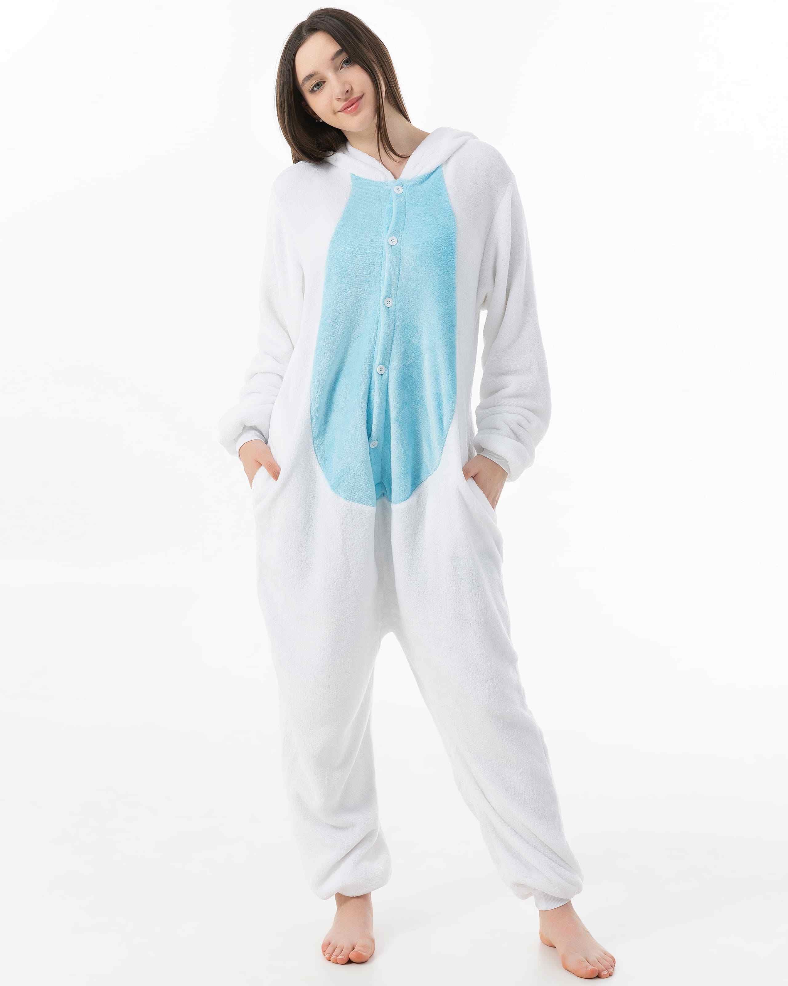 Katara Partyanzug Bauernhoftiere Jumpsuit Kostüm für Erwachsene S-XL, Karneval - Kostüm, Kigurumi - Hase blau-weiß XL (175-185cm)
