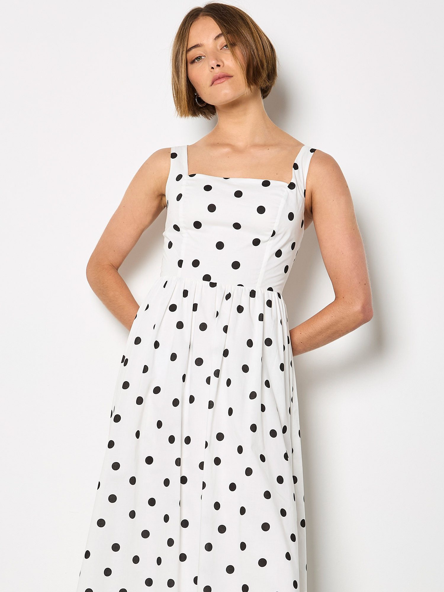 Apricot Druckkleid Midi-Kleid mit Polka-Dots und Smokarbeit Brustabnäher günstig online kaufen