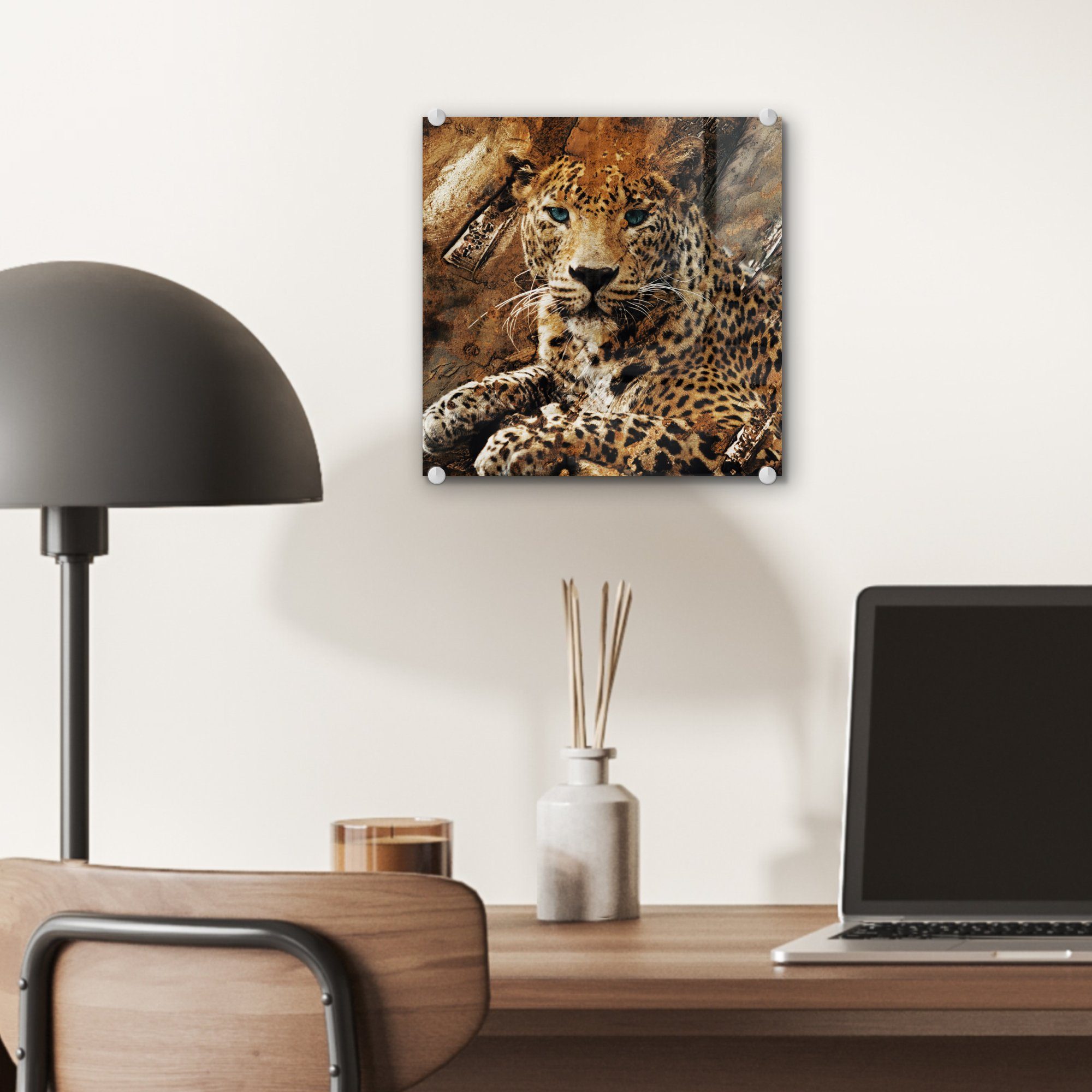 Glas Tiere Acrylglasbild Wandbild (1 auf Leopard - - St), - Wild, auf Glas - Wanddekoration Bilder - Glasbilder MuchoWow Foto