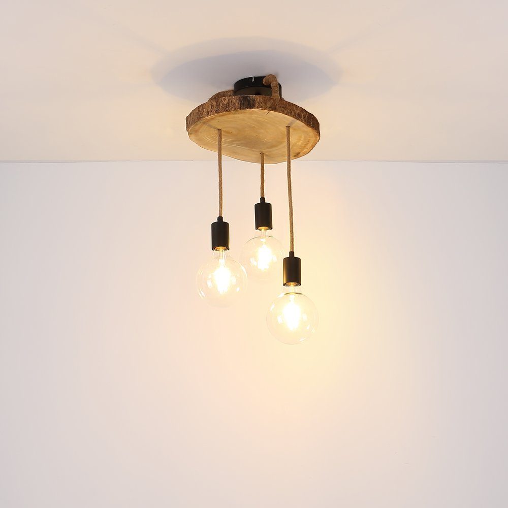 Hänge Decken Hanfseil LED Pendelleuchte, etc-shop Strahler Holz Vintage Leuchte Lampe Pendel Leuchtmittel inklusive, Warmweiß,