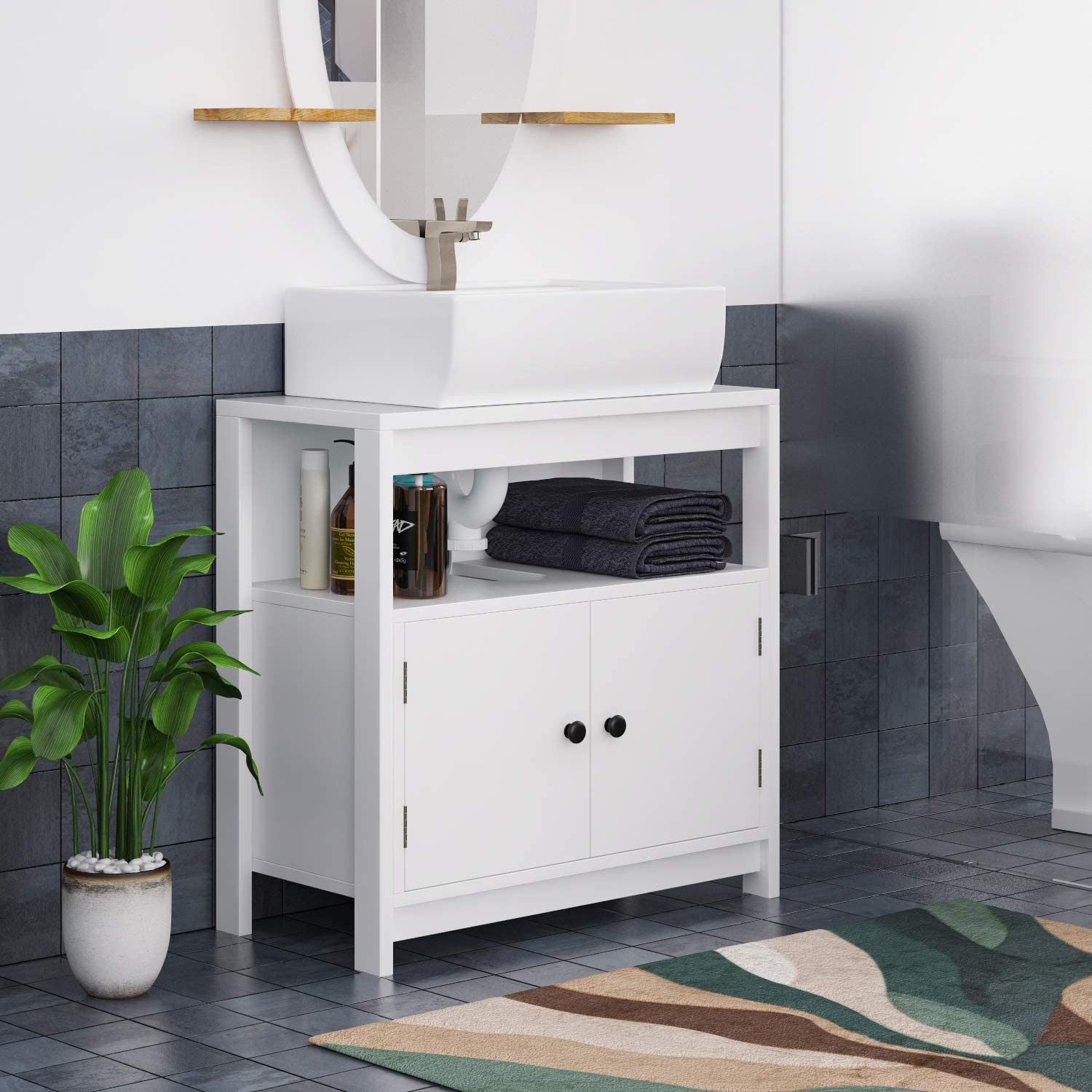 Homfa Waschbeckenunterschrank Badezimmer Unterschrank mit 2 Türen und offenem Fach, Holz, 60 cm breit – Bild 4 von 5