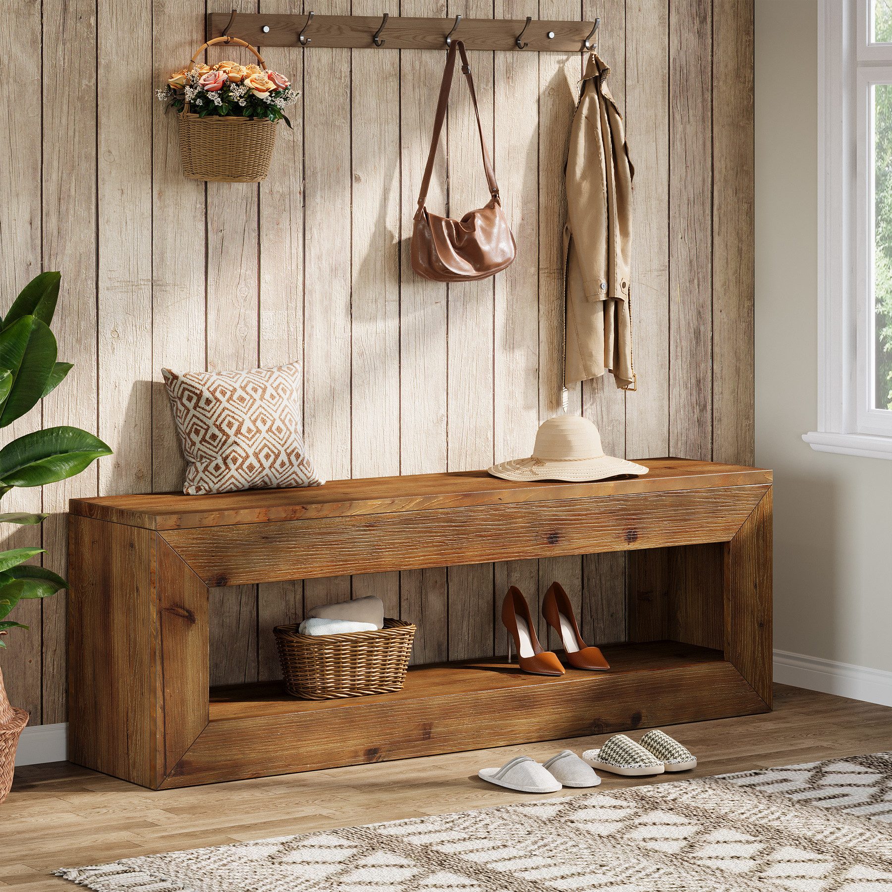 Tribesigns Schuhbank Garderobenbank Massivholz, Landhausstil Schuhbank mit Ablagefach (30T x 120B x 45H cm), 120 cm Sitzbank, Eingangsbank, Bauernhaus Bettbank für Schlafzimmer