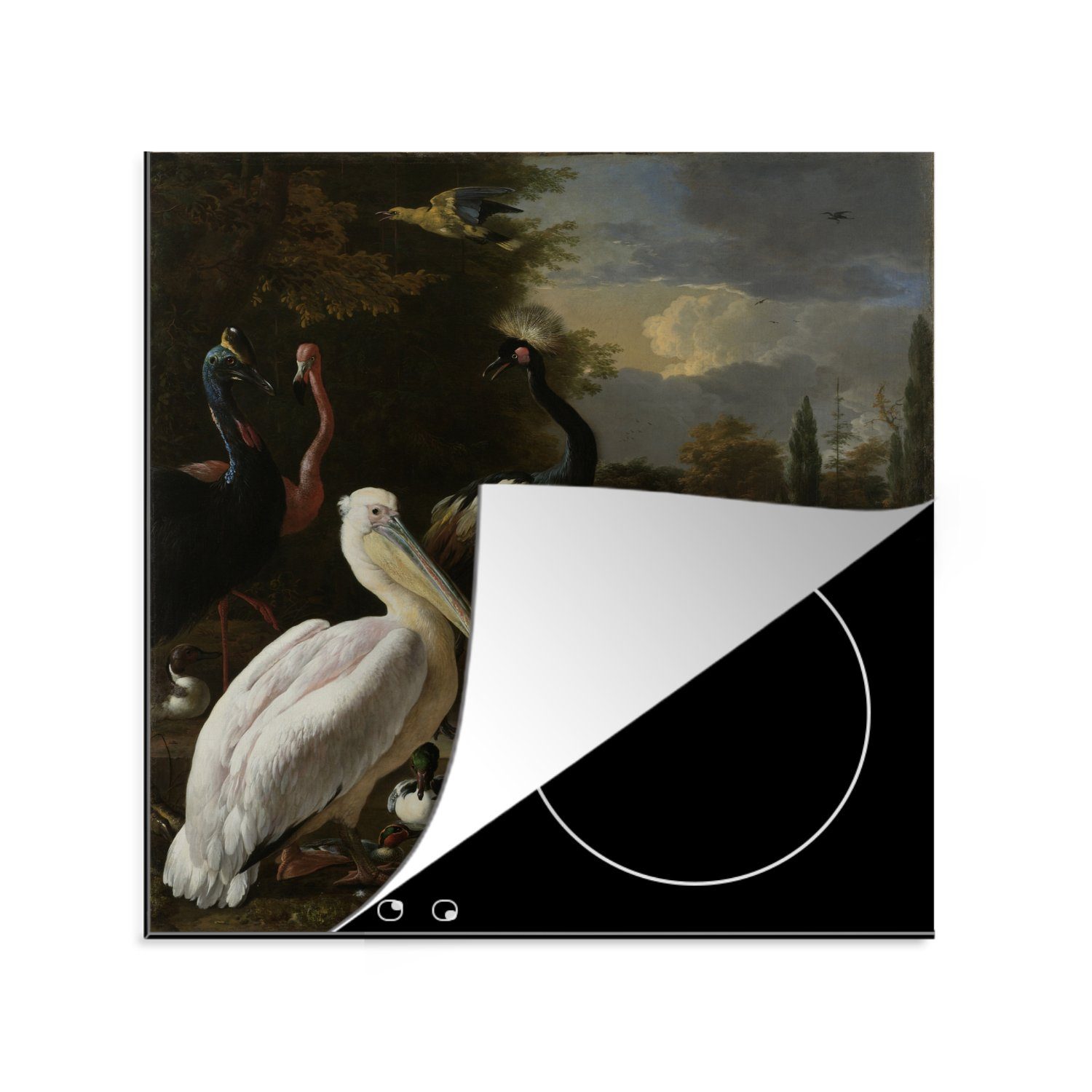 MuchoWow Herdblende-/Abdeckplatte Ein Pelikan und andere Vögel in der Nähe eines Wasserbeckens - Gemälde, Vinyl, (1 tlg), 78x78 cm, Ceranfeldabdeckung, Arbeitsplatte für küche