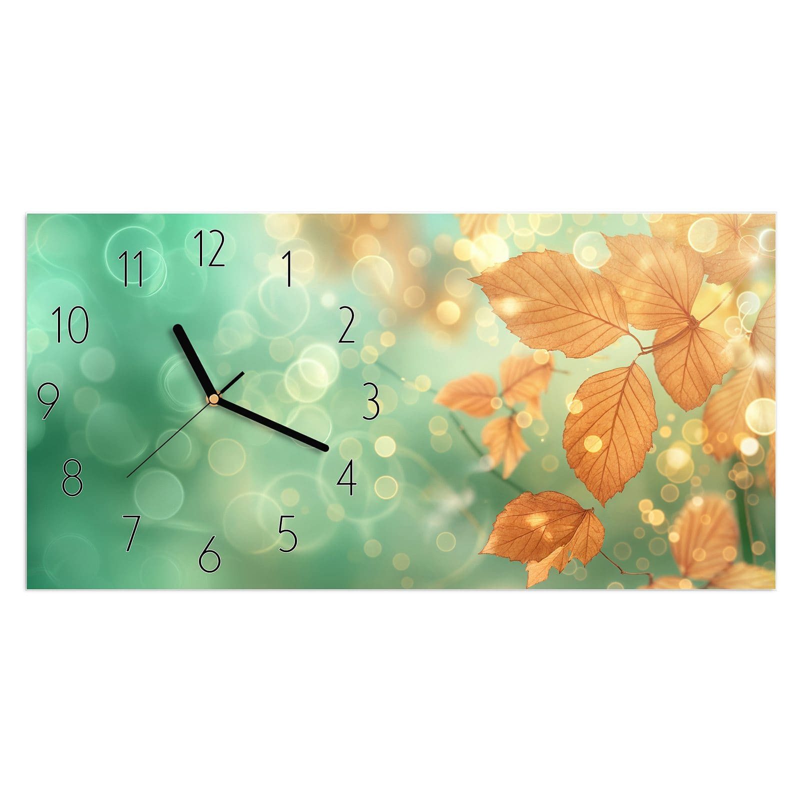 Wanduhr Glasuhr Wandkunst Größe 60 x 30 cm mit Motiv Herbstliche Blätter