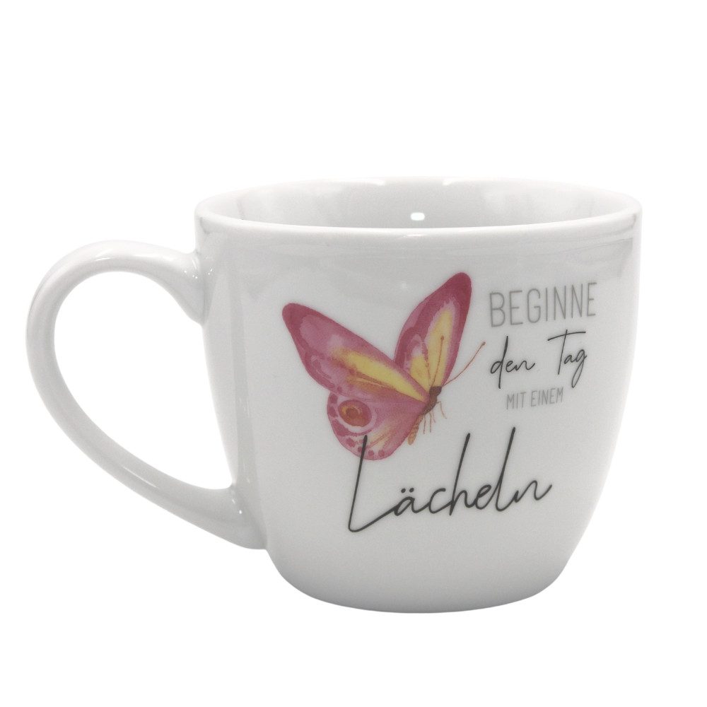 Dekohelden24 Tasse Maxi - Kaffeebecher Porzellan Motiv: Beginne den Tag mit einem Lächeln, Porzellan, Spülmaschinengeeignet.