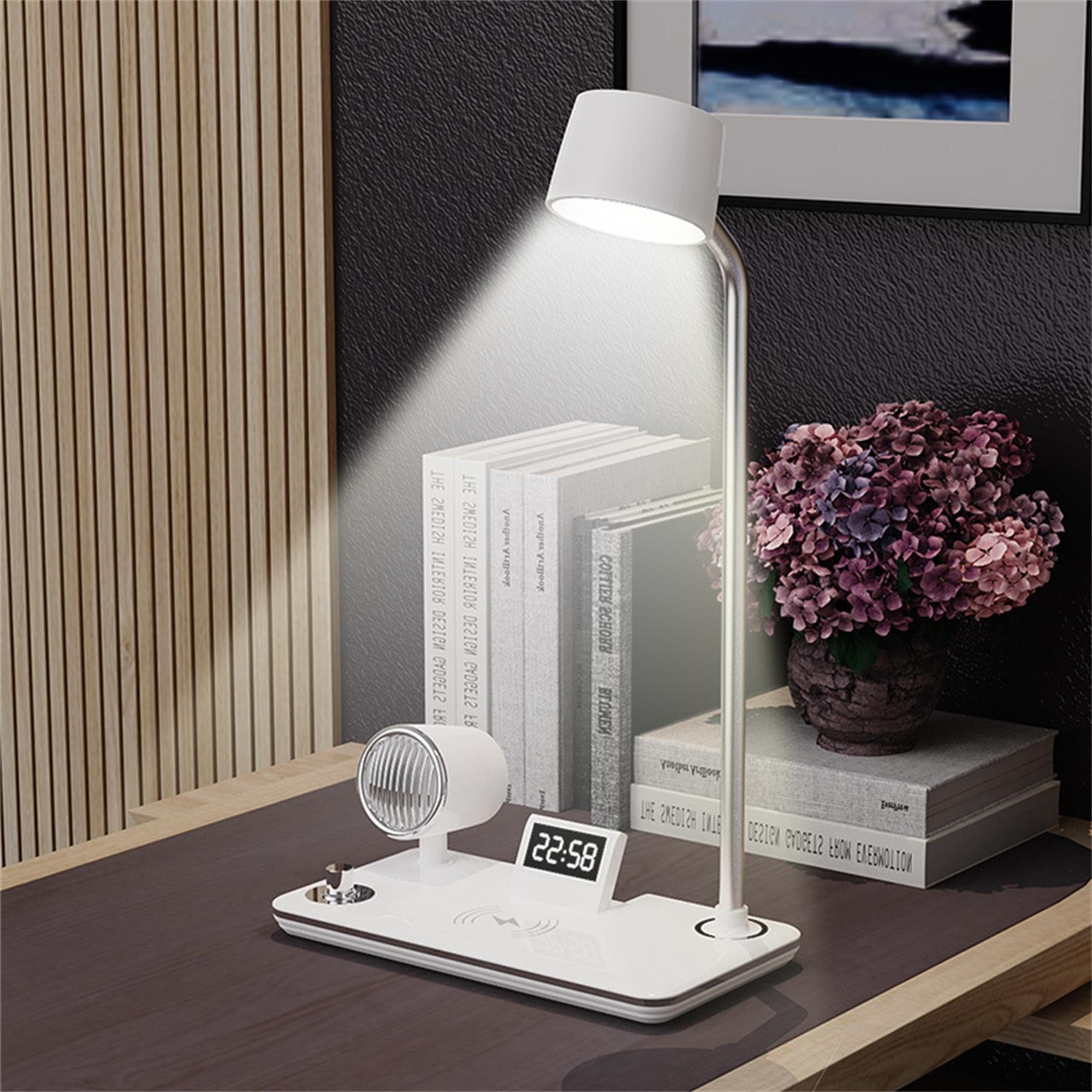 Fyrove LED Schreibtischlampe mit kabellosem Ladegerät & Bluetooth-Lautsprecher, dimmbar, 3 Farben, Touch, Alarm, USB-C