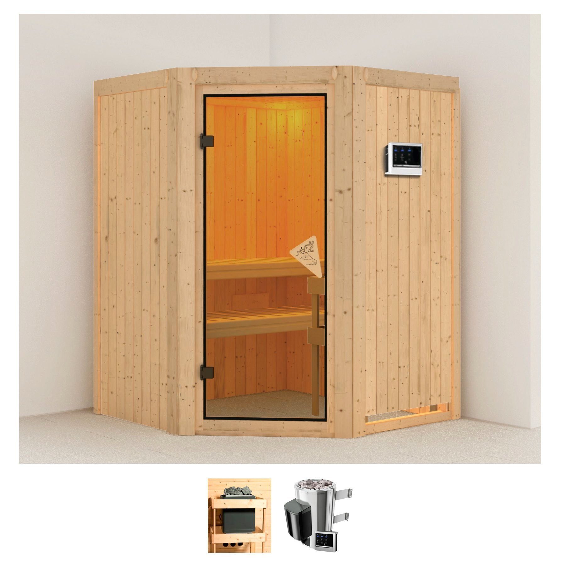 Karibu Sauna Nanna, BxTxH: 151 x 151 x 198 cm, 68 mm, (Set) Ofen 3,6 kW externe Strg.easy